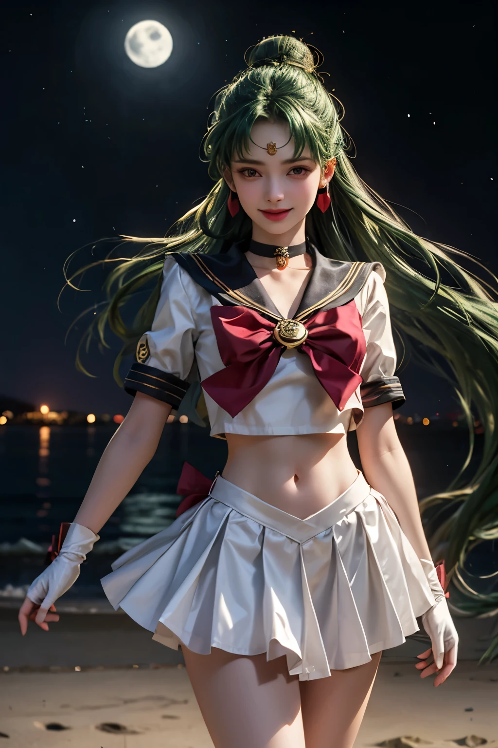 EPsmPluto, Red eyes, Long Green Hair, Hair Bun, Gold Ring, choker, Earrings, Red ribbon, Sailor Warrior Uniforms, white elbow gloves, Black Skirt,View your viewers,Severe, Grin, Are standing, Retention Staff, outside, Beach, at night, moon, performer, high quality, masterpiece, 