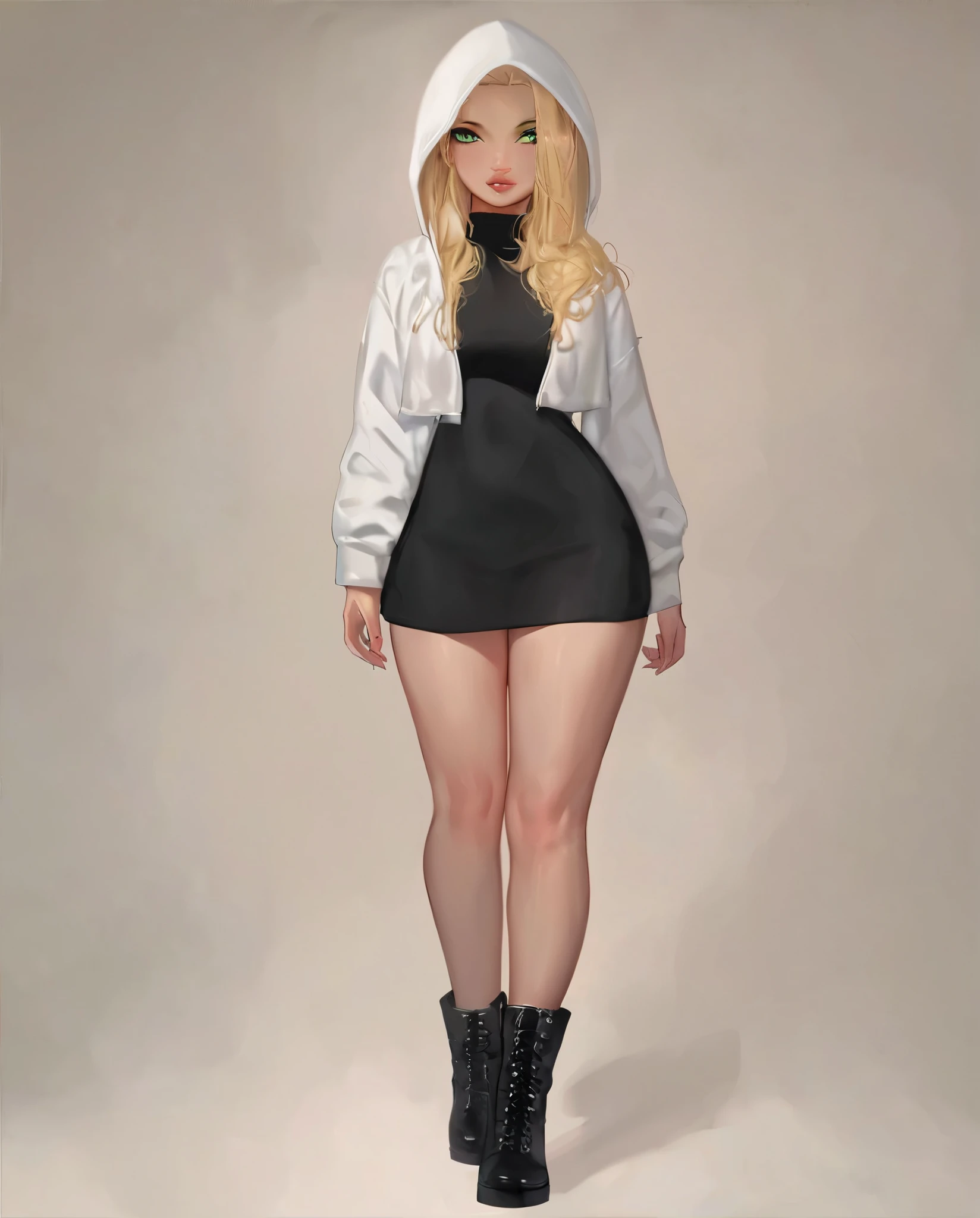 score_9, score_8_up, score_7_up, puririkaaa_style, , long hair, green eyes, white hoodie, 1girl, solo, looking at viewer ppl, blonde hair, green eyes, full body, massive lips, black dress, ((full body)), black boots