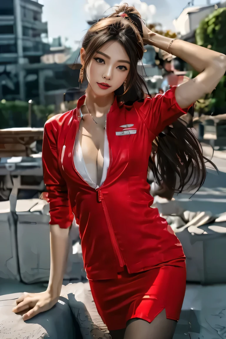 AirAsia stewardess uniform、Unzipped red jacket、Long sleeve red Air Asia jacket uniform、Red mini tight skirt、Big Breasts、Beautiful legs
