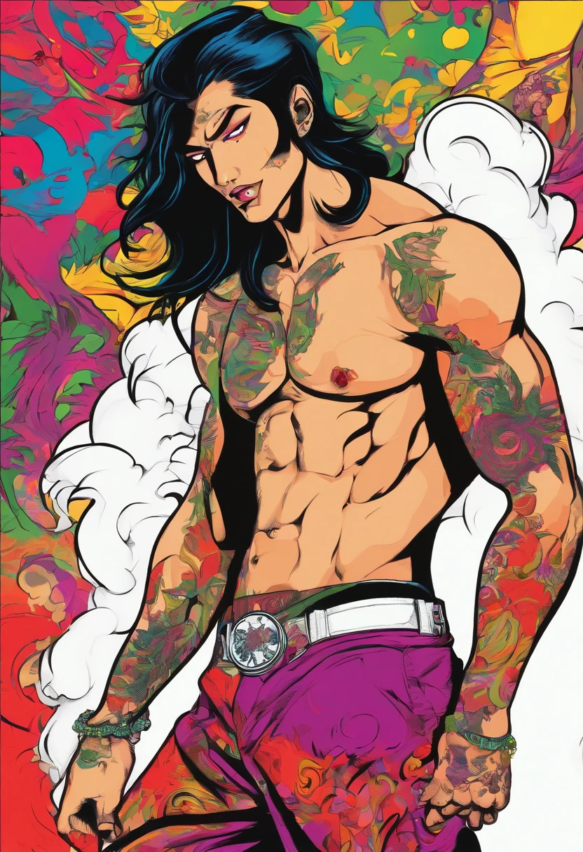 An Asian vampire beautiful sensual strong tattoo defined muscles long black hair shirtless