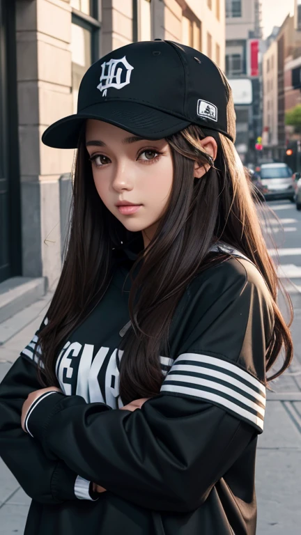1girl, solo, headphones, hat, baseball_cap, long_hair, brown_eyes, looking_at_viewer, black_hair, lips, long_sleeves, upper_body, closed_mouth, brown_hair, artist_name