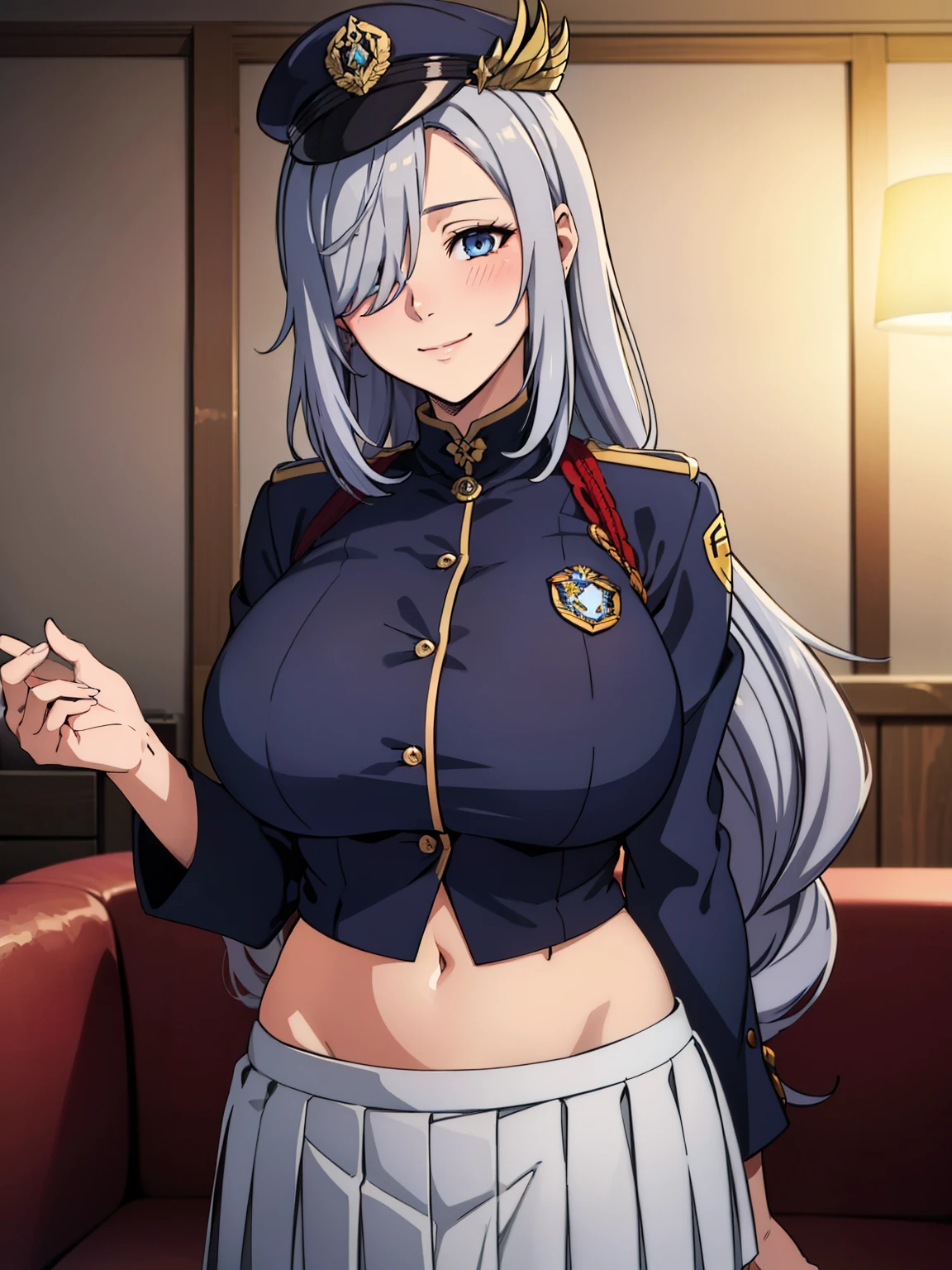 (blue police outfit), gold badge, blue pleated skirt, police hat, (luxury livingroom background), ShenheV4, mature women, 20yo, anime cels style, best quality, high resolution, 1girl, (huge breasts:1.2), beautiful face, grey hair, long hair, hair ornament, (hair over one eye), blue eye, cowboy shot, light smile, happy face, blushing, navel