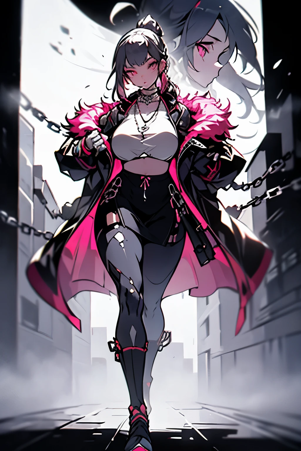 (art, best quality, ultra-detailed, high contrast), 1 woman (Alone, full body, plus size body, standing on the edge of the skyscraper, silver hair, LONG FLOWING HAIR in a ponytail, broken ruby red eyes, (leggings, pleated skirt, sports top, high ponytail, high boots, long fur jacket, black cybernetics with neon pink), detailed face, black transparent tights, ( on a foggy moonlit night in a ghost town, detailed background ()) detailed face, hyper detailed eyes, detailed lips , , with a metal necklace with chain around her neck, lineart, 