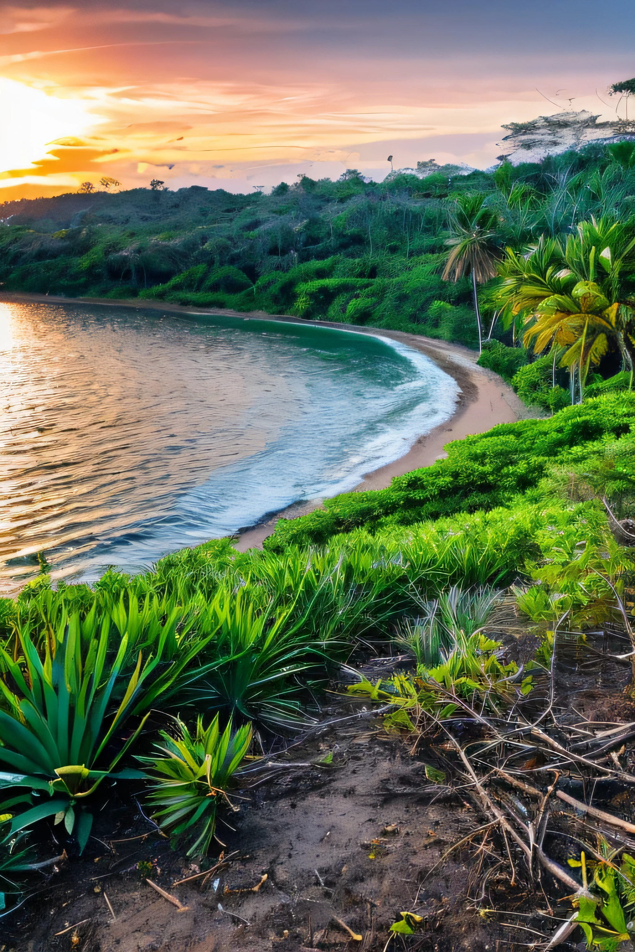 Photorealistic, ultra-detailed landscape image of a typical early April scene in Brazil. On the serene river banks, the tranquil waters mirror the clear blue sky, and from a distance, palm trees elegantly sway to the gentle breeze's rhythm. Among the lush greenery, an exuberant ciliar mangrove forest stands out, teeming with life and vibrant colors. The sun rises on the horizon, casting its first rays on the landscape, and tropical birds commence their melodic morning symphony. A subtle aroma of wet earth wafts through the air, heralding the transition from the rainy season to the dry season. This is April in Brazil