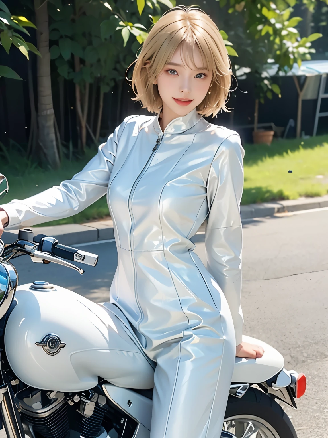 (masterpiece:1.3), (8k, Realistic, RAW Photos, highest quality:1.4), (Realistic face), (Blonde, short hair:1.3), Beautiful hairstyle, Realistic eyes, Beautiful little blue eyes, (Realistic skin), (Beautiful Skin), (((Riding a motorcycle outdoors))), charm, Ultra-high resolution, Golden Ratio, Long limbs、((Scandinavian beautiful girl))、((smile)), ((full body shot)), ((((White leather jumpsuit and long boots))))