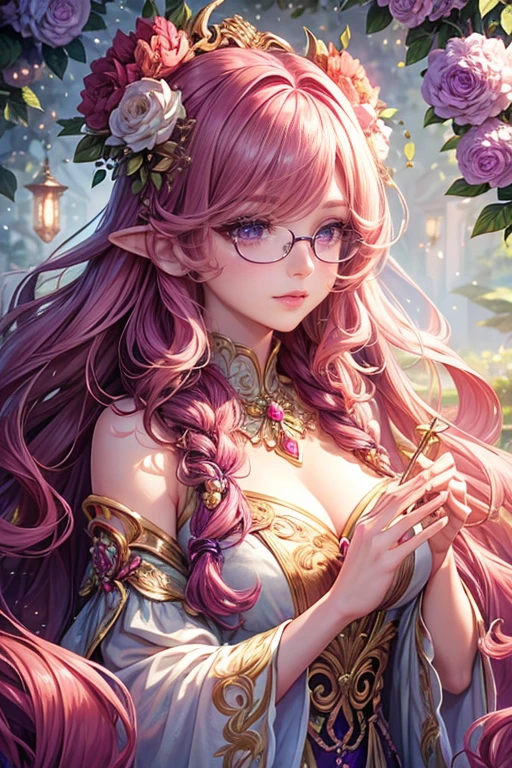 (highest quality,8k,CG),Upper body details, girl,Floral forest background,Complex facial features,Elegant long pink curly hair,Large, almond-shaped, bright purple eyes,Detailed eye makeup,Long eyelashes,Twinkling Star,Exquisite lip detail,Soft and harmonious style.Glasses、