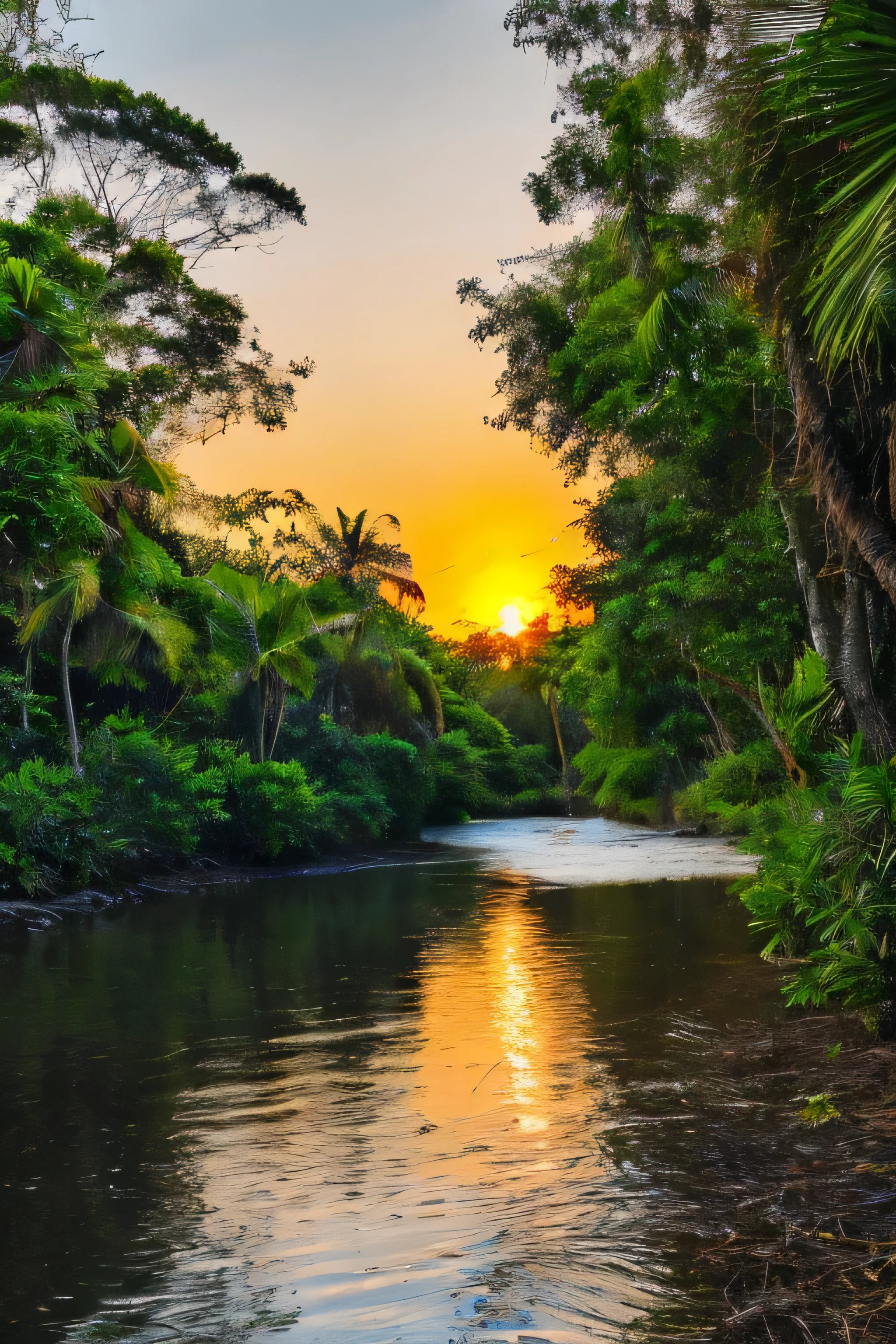 Photorealistic, ultra-detailed landscape image of a typical early April scene in Brazil. On the serene river banks, the tranquil waters mirror the clear blue sky, and from a distance, palm trees elegantly sway to the gentle breeze's rhythm. Among the lush greenery, an exuberant ciliar mangrove forest stands out, teeming with life and vibrant colors. The sun rises on the horizon, casting its first rays on the landscape, and tropical birds commence their melodic morning symphony. A subtle aroma of wet earth wafts through the air, heralding the transition from the rainy season to the dry season. This is April in Brazil