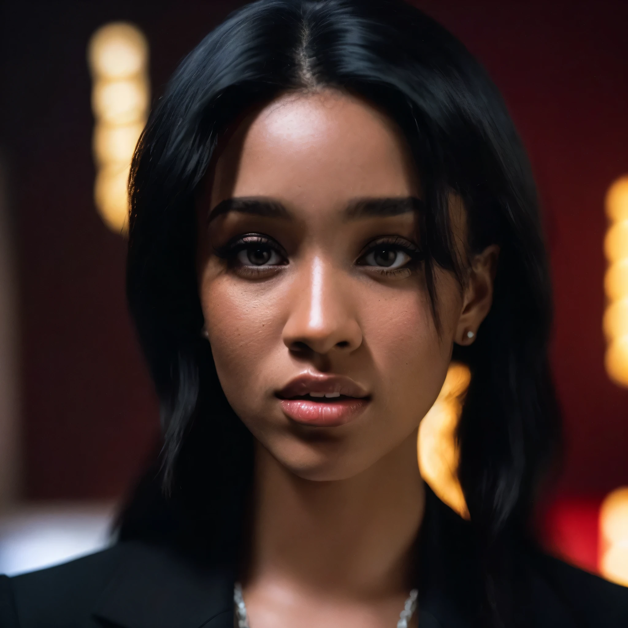 Foto hiperrealista en primer plano de Cardi B, masterpiece, best quality, (photorealistic:1.4), full body, (classy white blazer and black shirt:1.1), black long loose curls, sexy posing in a studio, neons, cinematic light, beautiful woman, skinny, large breasts, perfect body, detailed face, slutty face, looking straight at the camera, photo taken from a distance (close-up, editorial photograph of a 21 year old woman), (highly detailed face:1.4) (smile:0.7) (background inside dark, moody, private study:1.3) POV, by lee jeffries, nikon d850, film stock photograph ,4 kodak portra 400 ,camera f1.6 lens ,rich colors ,hyper realistic ,lifelike texture, dramatic lighting , cinestill 800,