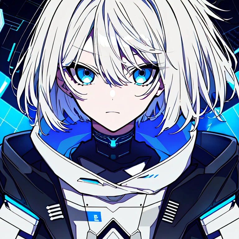 (1 girl,wavy short hair,white hair,blue eyes,long sleeves,sharp eyes) emotionless,portrait,(matrix theme:1.1) high-tech futuristic assassin,advanced technology,hoodie,techwear,wearable device
