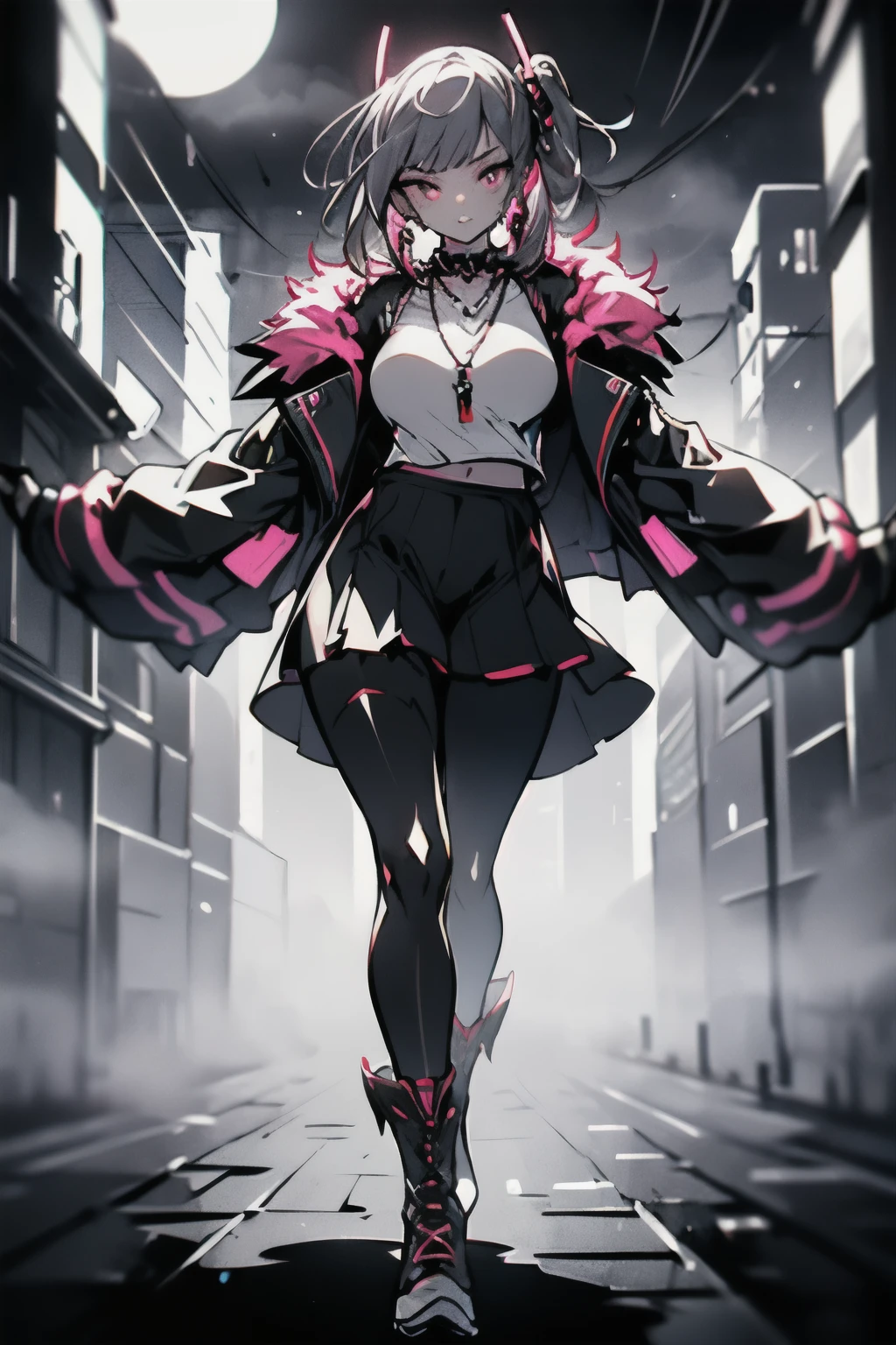 (art, best quality, ultra-detailed, high contrast), 1 woman (Alone, full body, plus size body, standing on the edge of the skyscraper, silver hair, LONG FLOWING HAIR in a ponytail, broken ruby red eyes, (leggings, pleated skirt, sports top, high ponytail, high boots, long fur jacket, black cybernetics with neon pink), detailed face, black transparent tights, ( on a foggy moonlit night in a ghost town, detailed background ()) detailed face, hyper detailed eyes, detailed lips , , with a metal necklace with chain around her neck, lineart, 