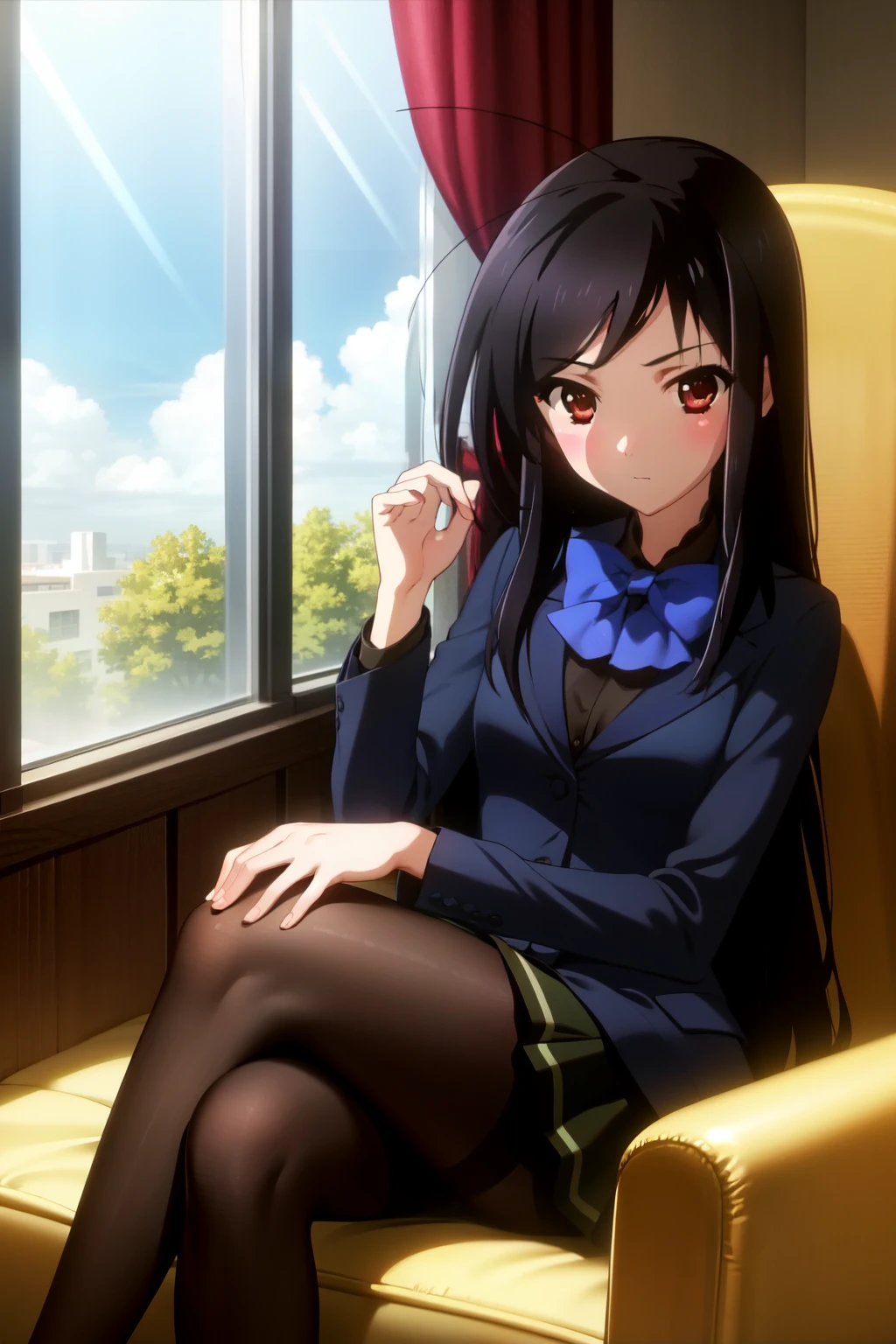 1girl, sorry expression, (extremely detailed, realistic, intricate details, highres), 3d, cg, blush, eyeliner, eyeshadow, eyelashes, (cinematic lighting, sunlight, volumetric), perfect hands,masterpiece, best quality, absurdres, Kuroyukihime antenna hair, red bow, , jacket pleated skirt, pantyhose, nice hands, perfect hands, beaufitul hand, beautiful finger, BREAK School, classroom, sharp focus, (perfect anatomy),, [Cinematic lighting|Volumetric Lighting], looking at viewer,perfect sexy legs,arms crossed,blushing ,frown,
