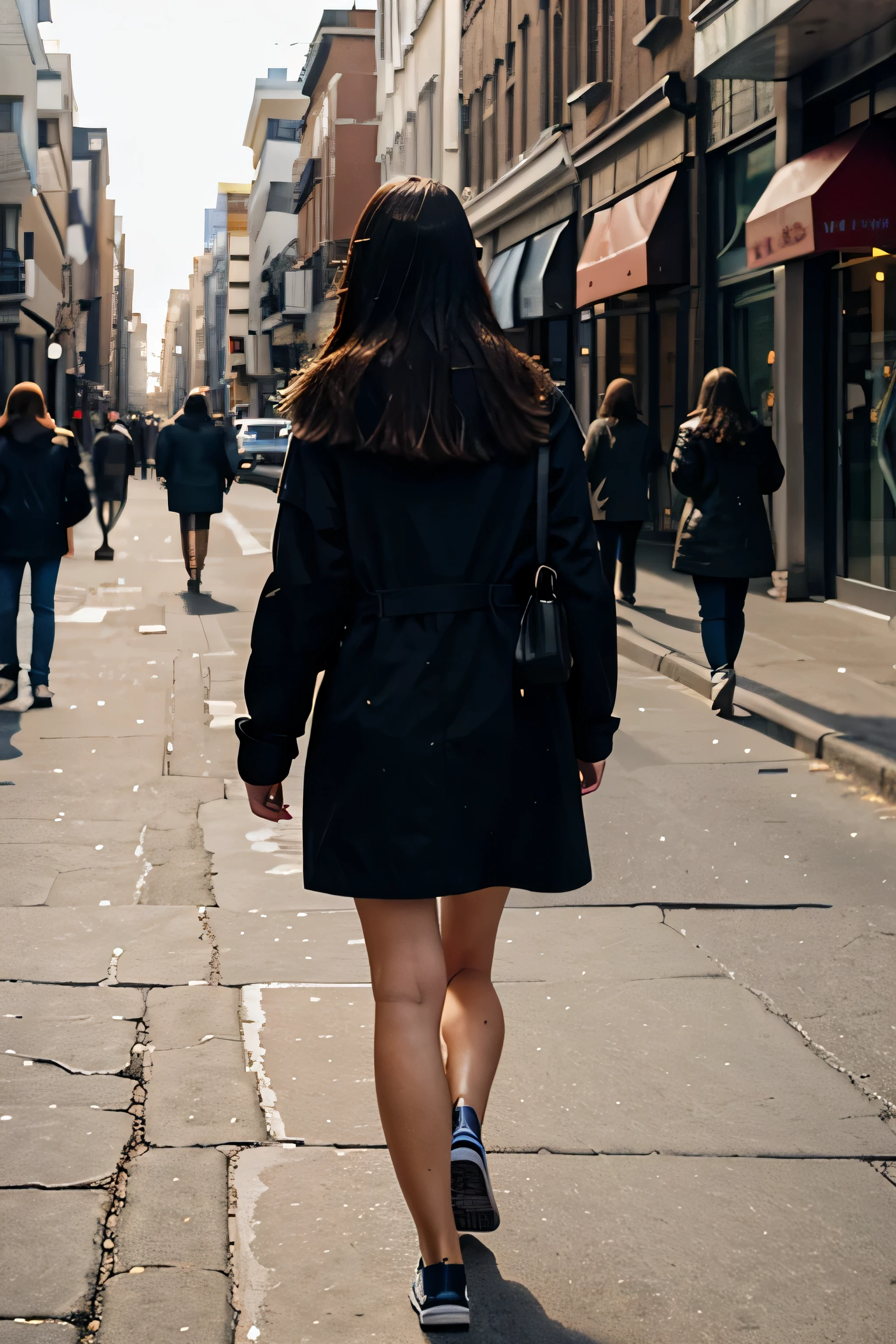 A girl walking alone on the street, facing away, Expressionless, in public, city, people coming and going, 8k, photography, detailed street view, vibrant colors, natural lighting