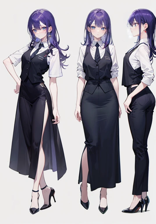 ((Perfect Face)),Purple Hair,Long hair with volume,1 female,bartender,suit,Black vest,Shirt with rolled up sleeves,tie,slit,High heels,Stand with your feet shoulder-width apart,beautiful posture,standing tall,,((Simple Background)),smile,((whole body)),((Full Body)),((full body)),Portraiture,virtual,upright,,((Both arms are down)),Standing upright with face and body facing forward,