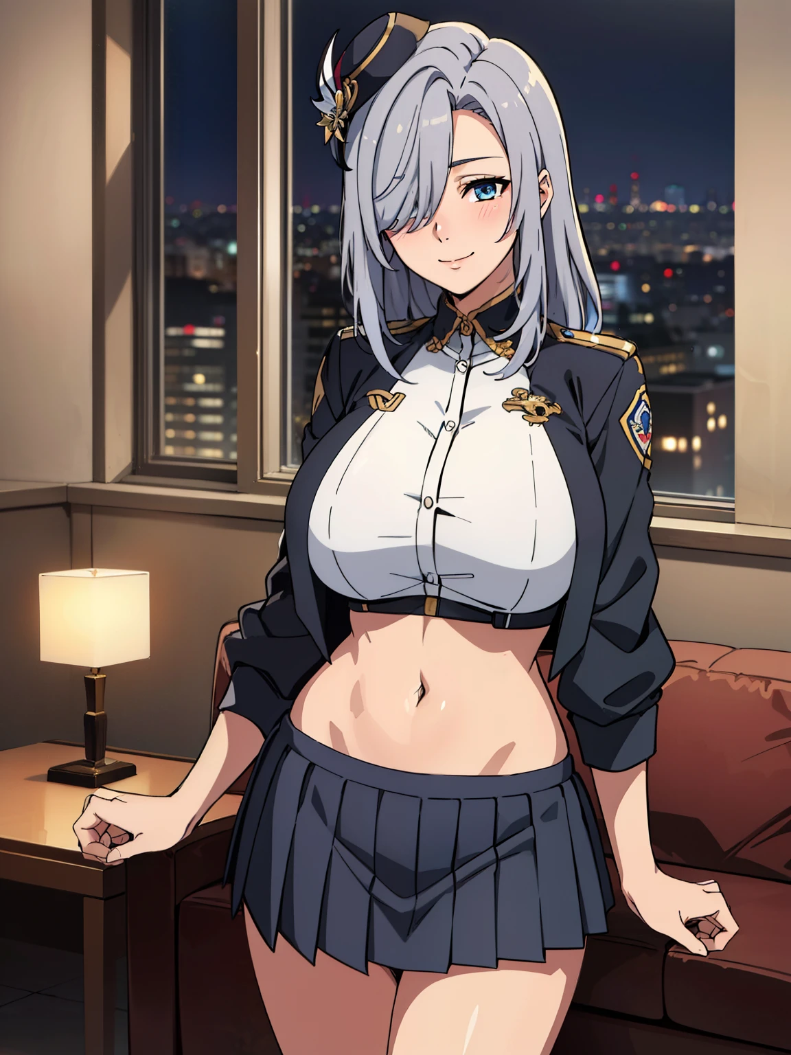 (blue police outfit), gold badge, blue pleated skirt, police hat, (luxury livingroom background), ShenheV4, mature women, 20yo, anime cels style, best quality, high resolution, 1girl, (huge breasts:1.2), beautiful face, grey hair, long hair, hair ornament, (hair over one eye), blue eye, cowboy shot, light smile, happy face, blushing, navel