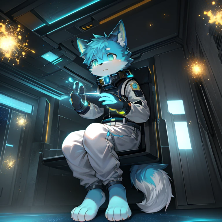"(High quality sci-fi scenery and shadows,Ray Tracing,Particle Effects,8k resolution),(Cat-eared Shota boy and a huge wolf tail+The ears are big and long)of(White luminous pants+The fur is white of+Yellow and blue luminous clothes),Wearing futuristic sci-fi naval command uniform,Space Helmet,Animal-type feet,Exuding a mysterious and heroic of lovely temperament。"
