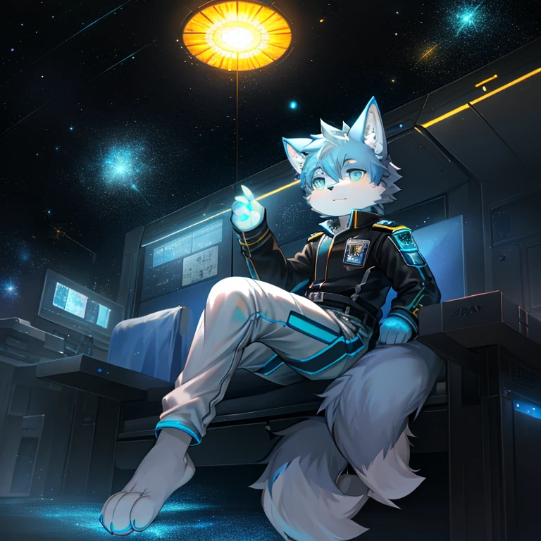 "(High quality sci-fi scenery and shadows，Ray Tracing，Particle Effects，8k resolution)，(Cat-eared Shota boy and a huge wolf tail+The ears are big and long)of(White luminous pants+The fur is white of+Yellow and blue luminous clothes)，Wearing futuristic sci-fi naval command uniform，Space Helmet，Animal-type feet，Exuding a mysterious and heroic of lovely temperament。"