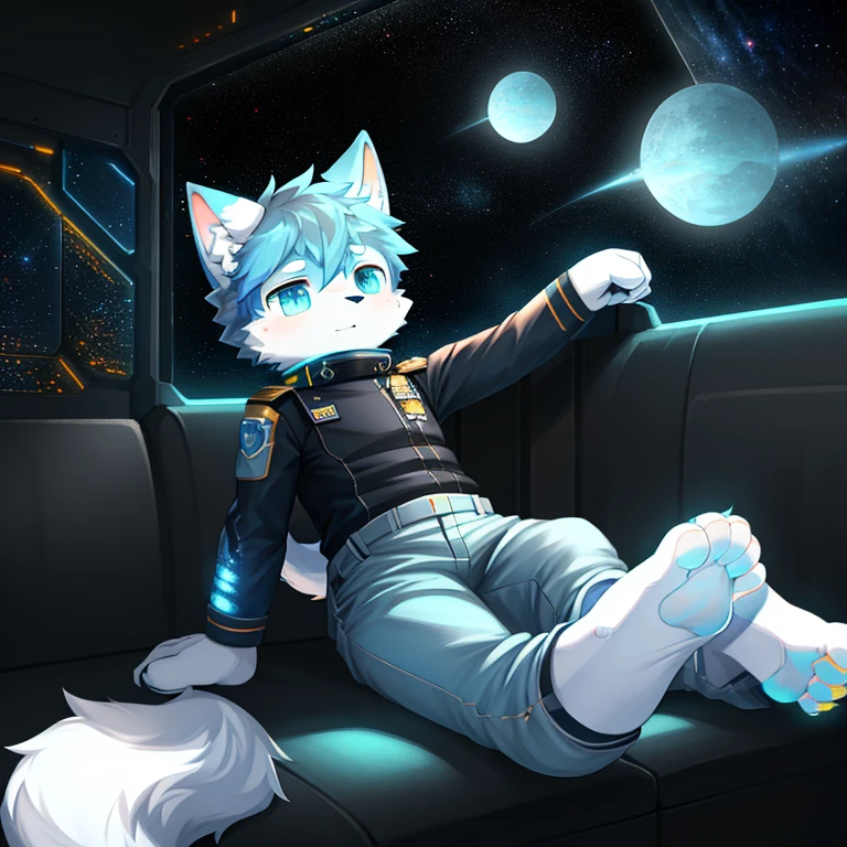 "(High quality sci-fi scenery and shadows,Ray Tracing,Particle Effects,8k resolution),(Cat-eared Shota boy and a huge wolf tail+The ears are big and long)of(White luminous pants+The fur is white of+Yellow and blue luminous clothes),Wearing futuristic sci-fi naval command uniform,Space Helmet,Animal-type feet,Exuding a mysterious and heroic of lovely temperament。"