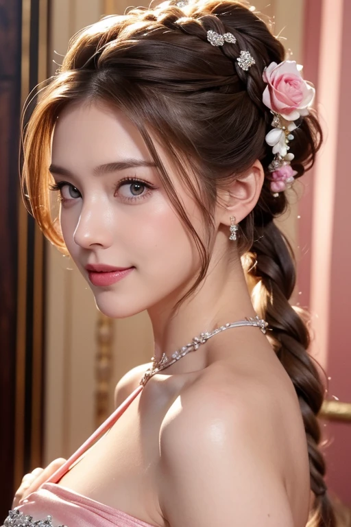 Woman, Serious, Elegant, Pink dress, nobles, Element of silver, Long nails, Bare shoulders, Hairstyle, Hair UP, Braids and ponytails, Messy, Proud, Absurde, detailed dress, royalty, celebration, Hall decorated with flowers, Cowboy Shot, Portrait, (Best Quality), (masutepiece), (Highly detailed), (4K)、a smile