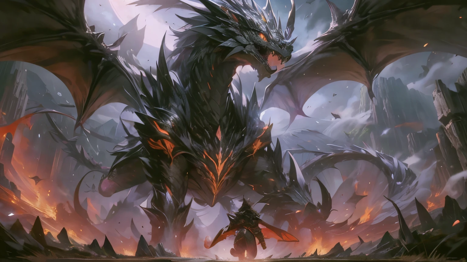 Climactic scene,a warrior with his sword standing in a field facing a distant giant flying dragon,glowing eyes,four outstretched wings,four legs dragon, scaled sharp claws,ready to start fight,intense scene,fire and air flows,8k ultrafine detail,masterpiece,cinematic,(size difference), moon and fire background, low contrast