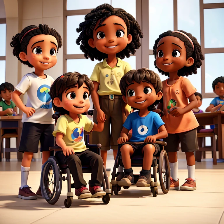several children of different races and abilities playing together, with some children using wheelchairs or crutches, otros con diferentes tipos de dispositivos de asistencia, everyone smiling and having fun together.