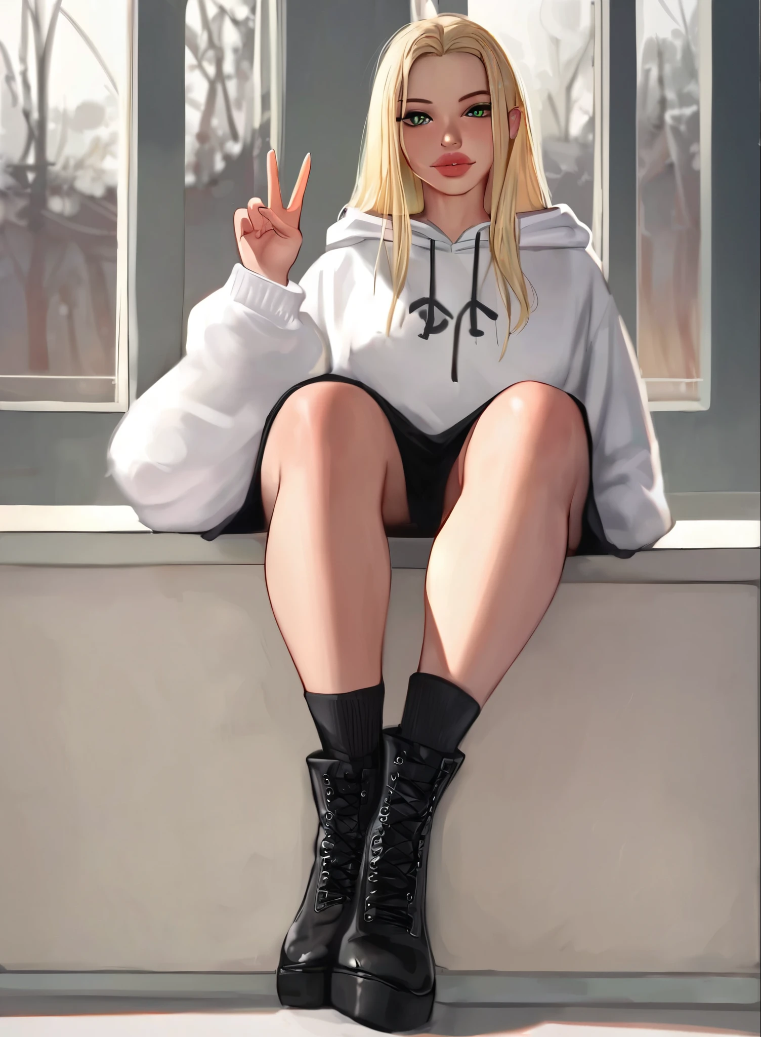 score_9, score_8_up, score_7_up, puririkaaa_style, , long hair, green eyes, white hoodie, 1girl, solo, looking at viewer ppl, blonde hair, green eyes, full body, massive lips, black dress, ((full body)), black boots, foot on screen, socks, black socks, sitting down, peacep sign