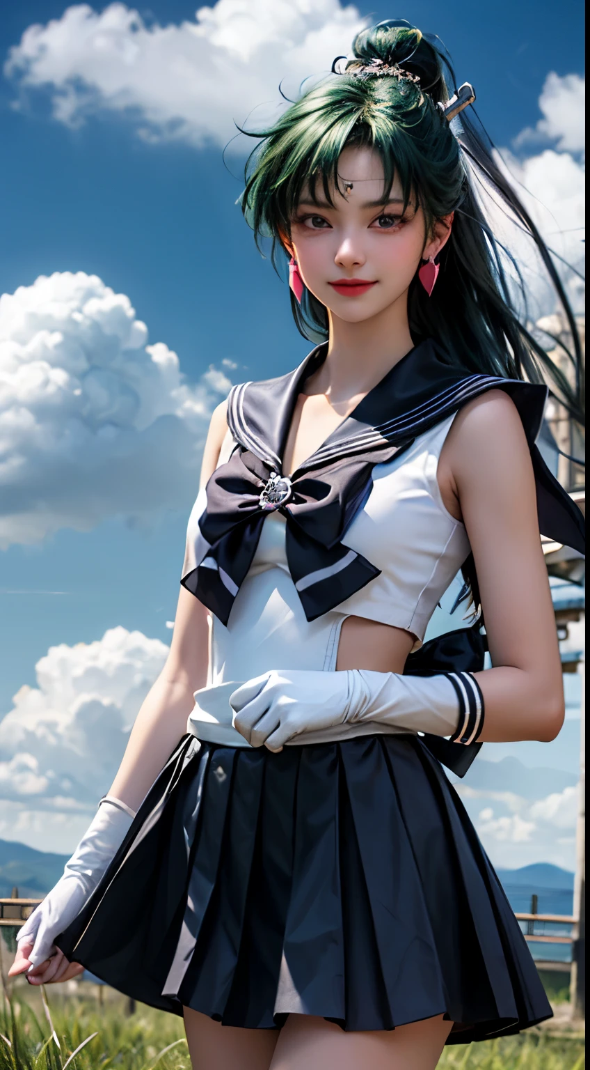 masterpiece, highest quality, High resolution, One girl, alone, sailor pluto, (Fluffy hair), (Flowing Hair), (Single Ponytail)), Elbow hand pockets, Head ornament, Pleated skirt, bow, (Black sailor collar), White gloves, jewelry, Earrings, Cowboy Gun, smile, Grassland in the background, Blue sky and white clouds, headgear, Pause