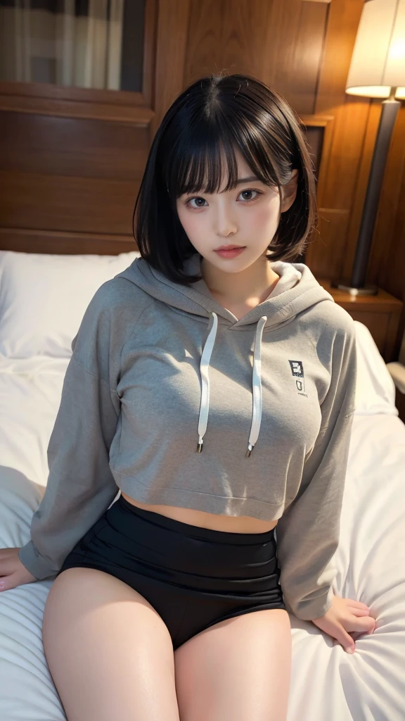 muste piece, best quality, illustration, Super detailed, fine details, High resolution, 8K,wall paper, perfect dynamic composition,(Details High quality, realistic depiction of eyes:1.3), Oversized Light Grey Hoodie, Erotic Shorts, short bob hair, Lying down, black hair color, Big Natural Color Lip, bold sexy pose, (perfect body shape), crying a little、cold gaze, Harajuku style、20 year old girl、cute type、ta、beautiful legs, hotel room, hposing Gravure Idol, Voluptuous thighs