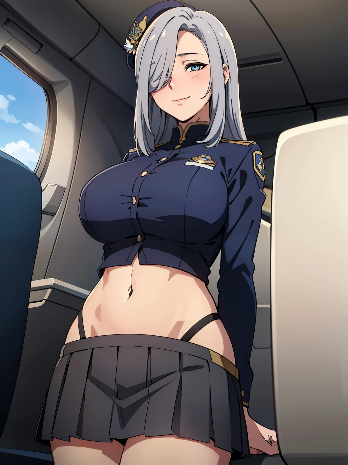 (blue police outfit), gold badge, black pleated skirt, police hat, (inside air plane background), air plane seat, ShenheV4, mature women, 20yo, anime cels style, best quality, high resolution, 1girl, (huge breasts:1.2), beautiful face, grey hair, long hair, hair ornament, (hair over one eye), blue eye, cowboy shot, light smile, happy face, blushing, navel