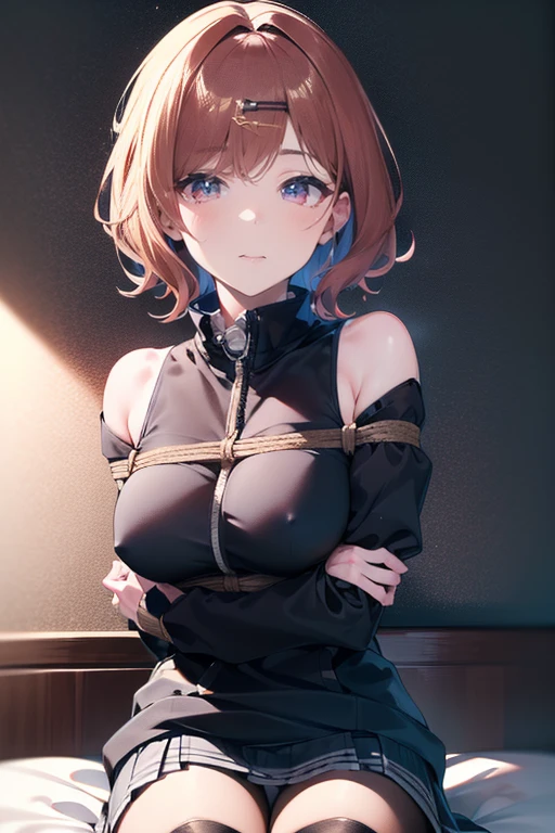 ((Loose dog collar)),highest quality, High resolution, One girl, higuchi madoka, pantyhose, skirt, brown hair, Mole under eye, Mole, hair ornaments, Hair Clip, pleated skirt, short hair,, Long sleeve, bangs, sweater, miniskirt, black sweater, black pantyhose, grey skirt, Collared shirt, Purple eyes, Portraiture,face,face focus,close,((One girl)),(Perfect hands:1.2),(Perfect Anatomy:1.2),(masterpiece:1.1), (highest quality:1.1), ((beautiful細かい目: 1.6)),Sexy Body,eyes are small,((Very detailed face,perfect face)),Browsing Caution,beautiful, masterpiece, highest quality, extremely detailed face, Perfect lighting, 1 girl, alone, (Absurd), (Super detailed, 8k, ultra High resolution:1.2), Medium Chest, Breast nipples, expressionless face, face focus, On the shoulder, from the front,BDSM,Gagged,(Inserting an Object,Adult Toys:1.2),rope,bondage,bound,Suppressed,shibari,shibari over clothes,bound wrists,bound ankles,bound arms,bound legs,bound wrists,Box Tie,breast bondage,crotch rope,Skin dents,Dripping,Upper Body,(アヘface:1.1),clavicle,trembling,Sweat,Sweatdrop,heart,Skin dents,BDSM,bondage