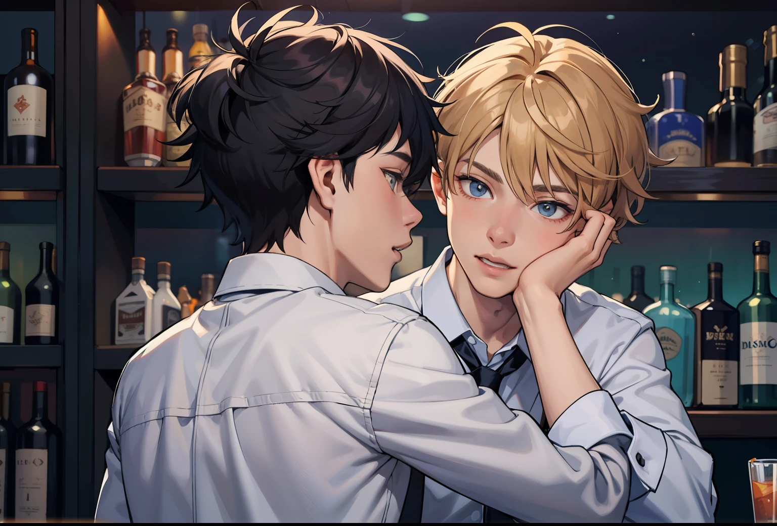 two 16 year old boys are in a bar at a party having a few drinks of liquor