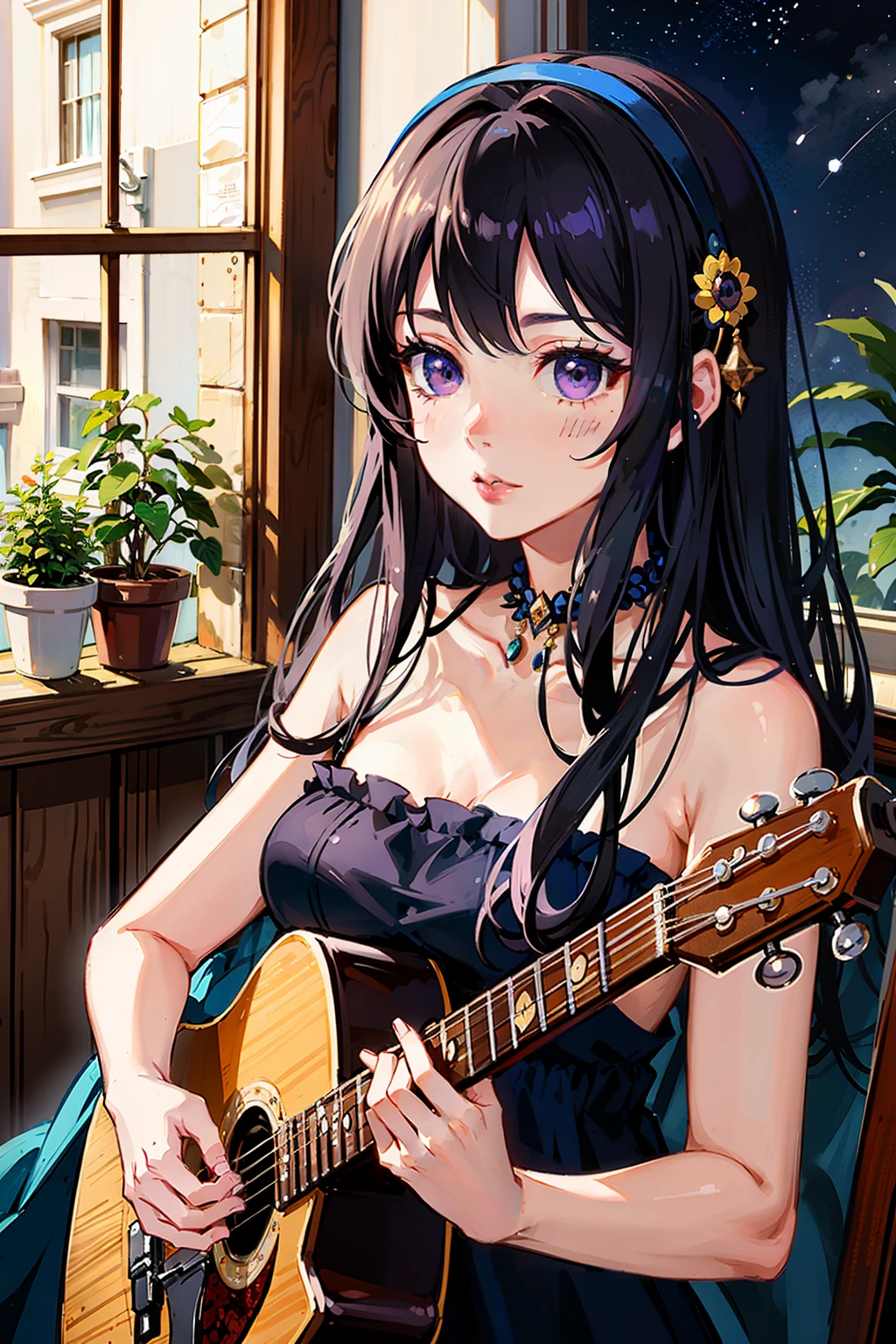 In the style of John Lasseter, a hyper-realistic HD vintage anime girl with long lashed dark eyes, flushed cheeks coloured with charm, seductive lips slightly parted, distinct low cheekbones, and a roundish face, elegantly beholds the beauty of a purple chrysanthemum creature. She is captured at the window, bathed in the full moonlight, her watercolor highlights illuminating each intricate detail of her exquisite features. With a guitar in her hands and headphones covering her ears, she plays a melody that resonates with her heartfelt emotions, lost in the magic of the shooting star illuminating the night sky. --ar 16