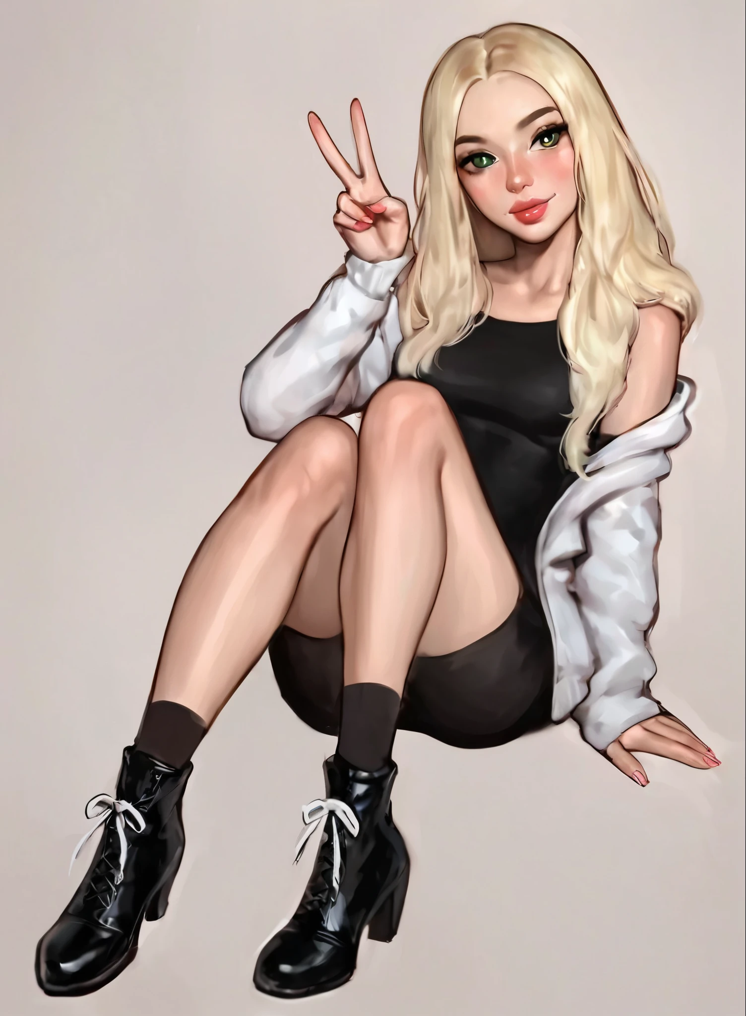 score_9, score_8_up, score_7_up, puririkaaa_style, , long hair, green eyes, white hoodie, 1girl, solo, looking at viewer ppl, blonde hair, green eyes, full body, massive lips, black dress, ((full body)), black boots, foot on screen, socks, black socks, sitting down, peacep sign