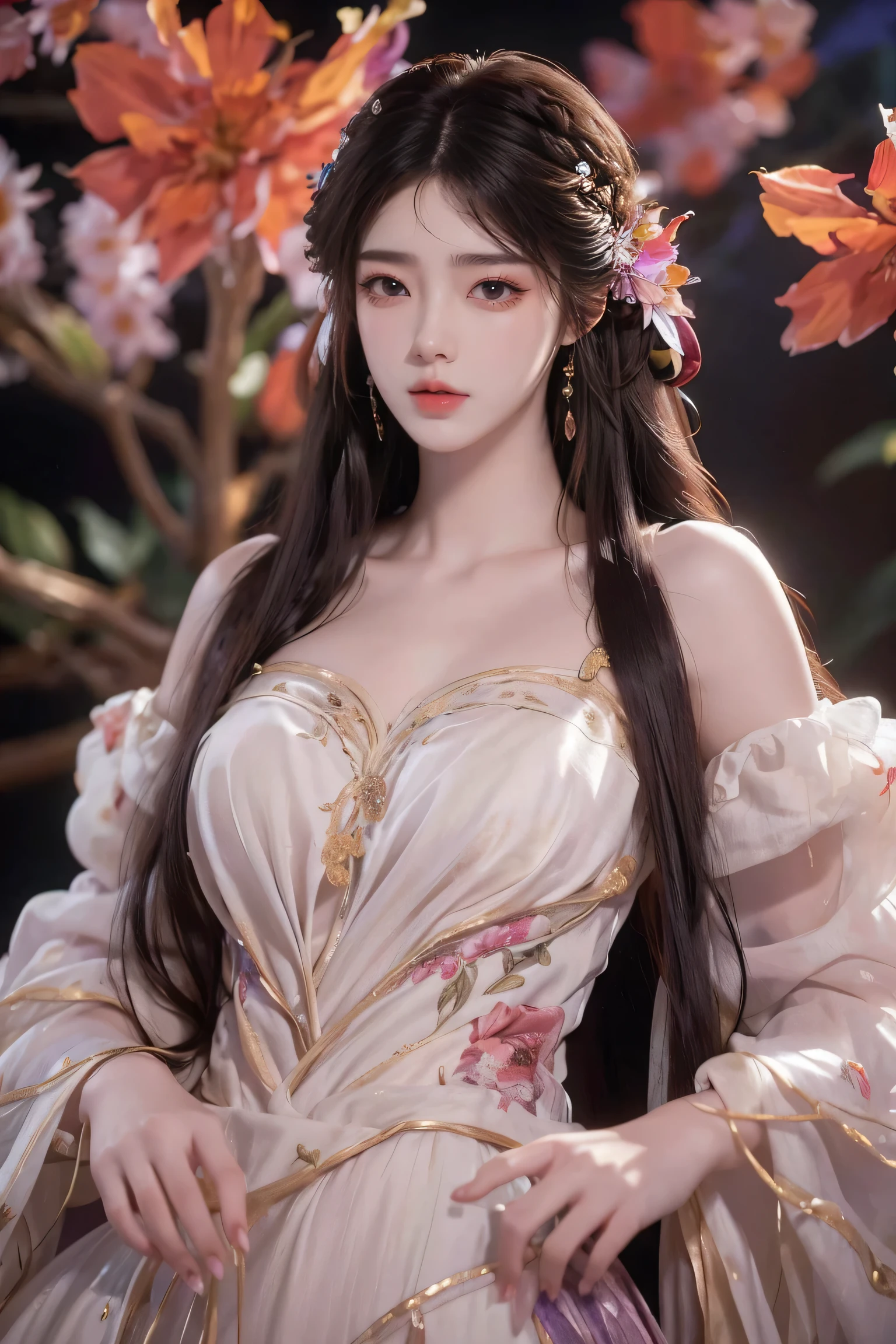 (Best quality,8K,A high resolution,Masterpiece:1.2),Ultra-detailed,(Realistic,Photorealistic,photo-realistic:1.37),Portrait,Creative style artwork,Historical,classical,Sophisticated,plethora of colors,Highly detailed,Soft lighting,luxurious environment,detailed gown,Vibrant flowers,detailed jewellery,Ethereal atmosphere,Elegant Pose,red dress,Graceful curves,Gold body proportions，Flowing hair,Breathtaking textile patterns,Harsh purple eyes,Delicate floral decoration,A dazzling array of crystal accessories,Mysterious and dreamy atmosphere,Impeccable attention to detail.