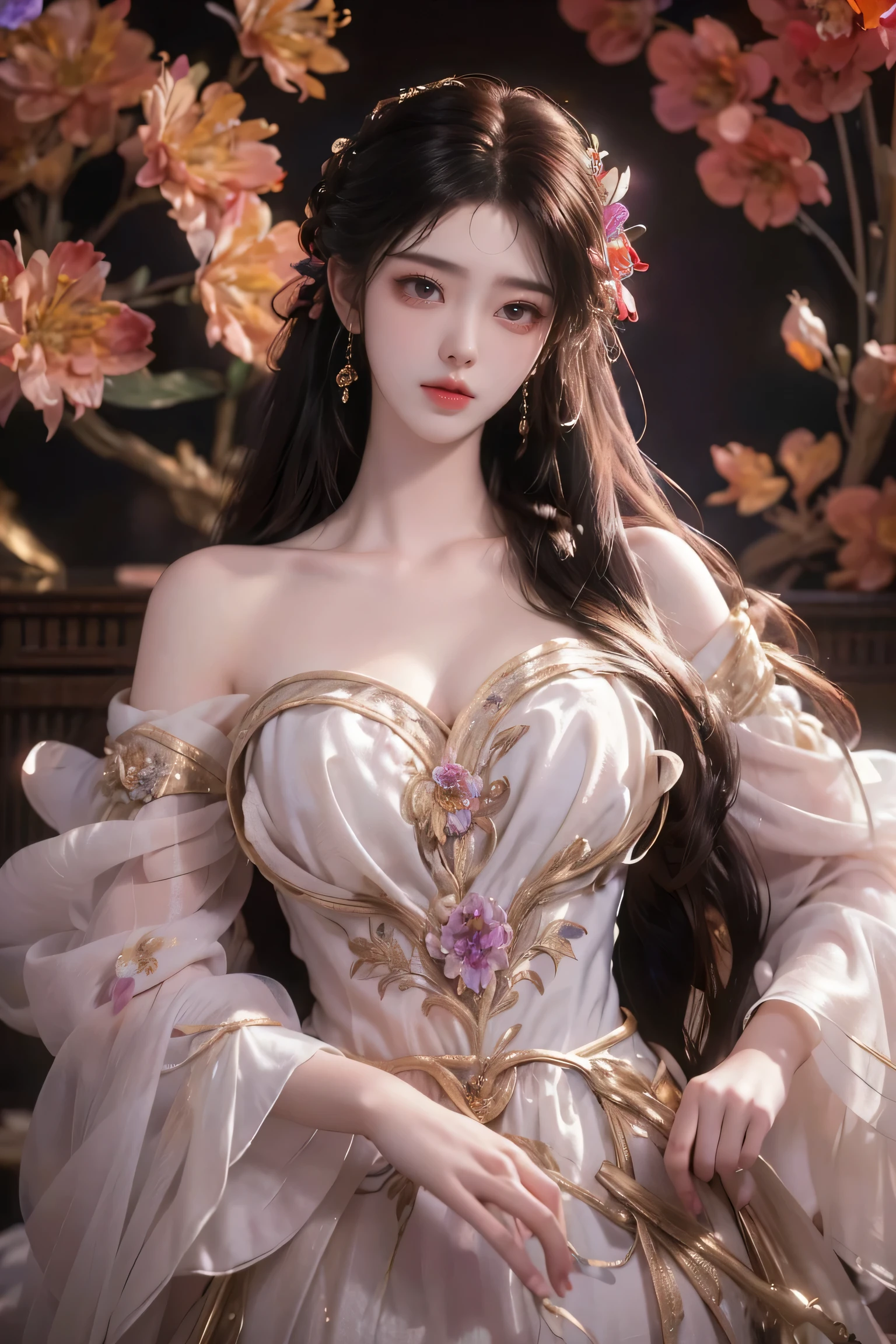 (Best quality,8K,A high resolution,Masterpiece:1.2),Ultra-detailed,(Realistic,Photorealistic,photo-realistic:1.37),Portrait,Creative style artwork,Historical,classical,Sophisticated,plethora of colors,Highly detailed,Soft lighting,luxurious environment,detailed gown,Vibrant flowers,detailed jewellery,Ethereal atmosphere,Elegant Pose,red dress,Graceful curves,Gold body proportions，Flowing hair,Breathtaking textile patterns,Harsh purple eyes,Delicate floral decoration,A dazzling array of crystal accessories,Mysterious and dreamy atmosphere,Impeccable attention to detail.