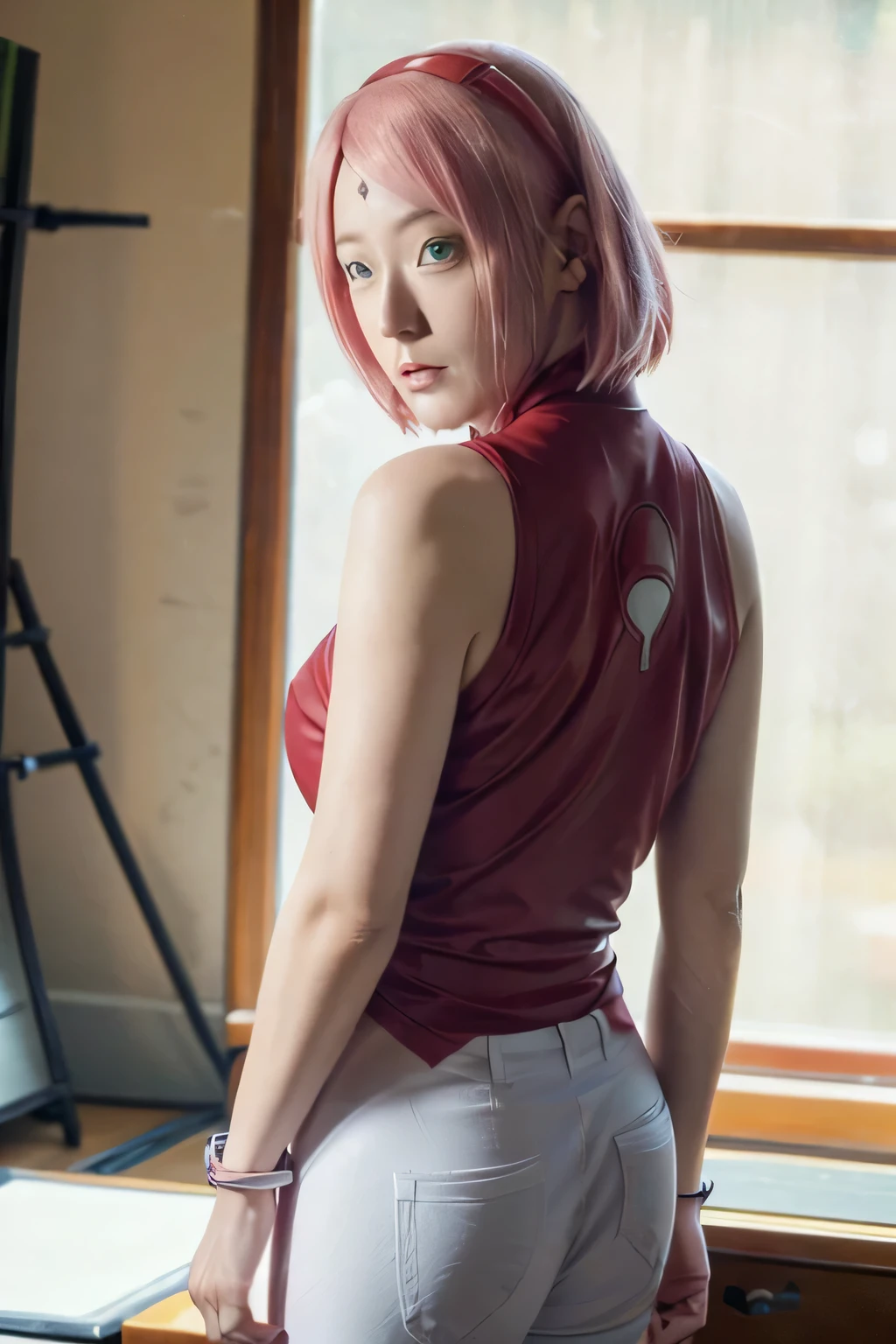 masterpiece, ,(solo:1.1), perfect face, (bright lighting:1.2),beautiful detailed eyes, extremely detailed face, perfect lighting,masterpiece, best quality, 1girl,haruno sakura, red sleeveless dress, white pants, bracelets, forehead mark, red hairband, uchiha crest, small breast, medium hips, medium ass, solo,breasts, ass, lying, on stomach,back, foreshortening, from behind
