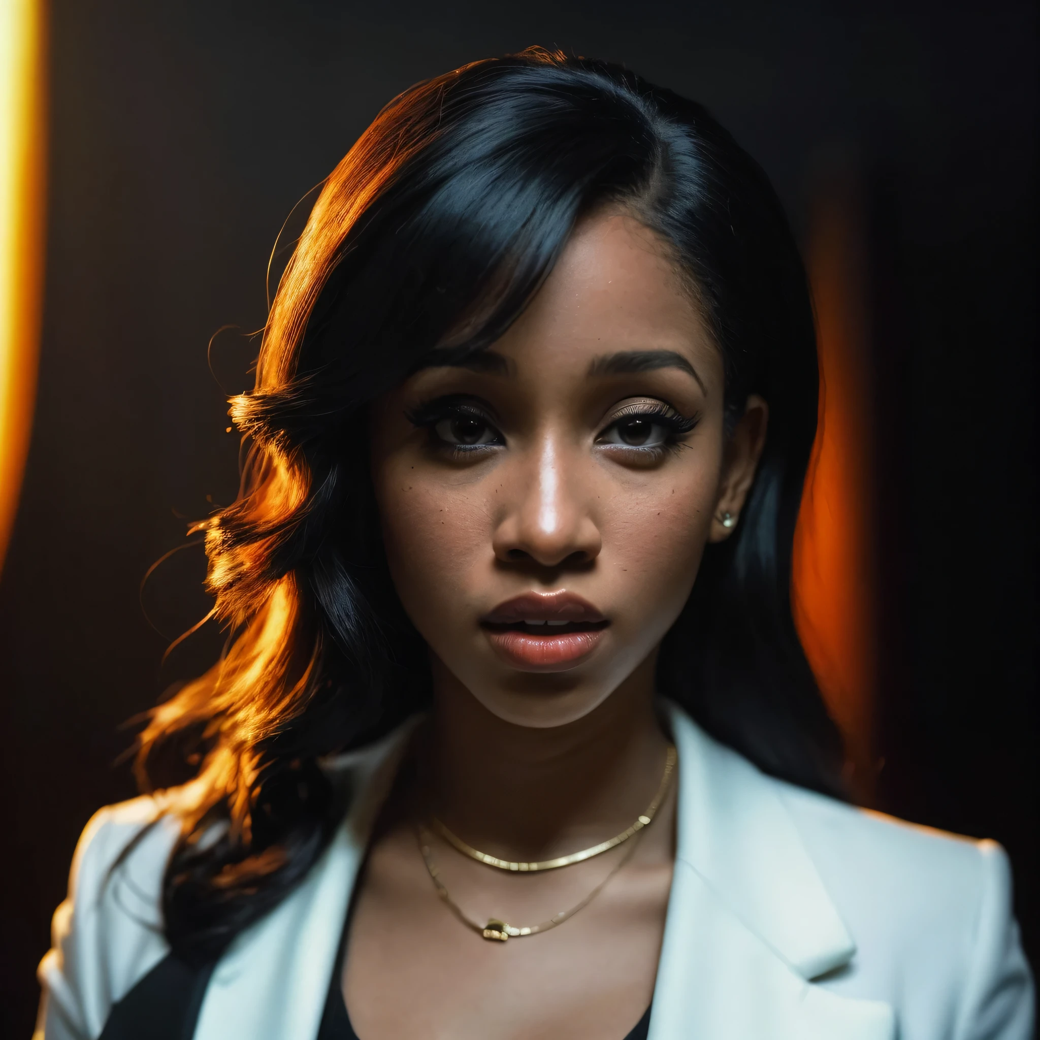 Foto hiperrealista en primer plano de Cardi B, masterpiece, best quality, (photorealistic:1.4), full body, (classy white blazer and black shirt:1.1), black long loose curls, sexy posing in a studio, neons, cinematic light, beautiful woman, skinny, large breasts, perfect body, detailed face, slutty face, looking straight at the camera, photo taken from a distance (close-up, editorial photograph of a 21 year old woman), (highly detailed face:1.4) (smile:0.7) (background inside dark, moody, private study:1.3) POV, by lee jeffries, nikon d850, film stock photograph ,4 kodak portra 400 ,camera f1.6 lens ,rich colors ,hyper realistic ,lifelike texture, dramatic lighting , cinestill 800,
