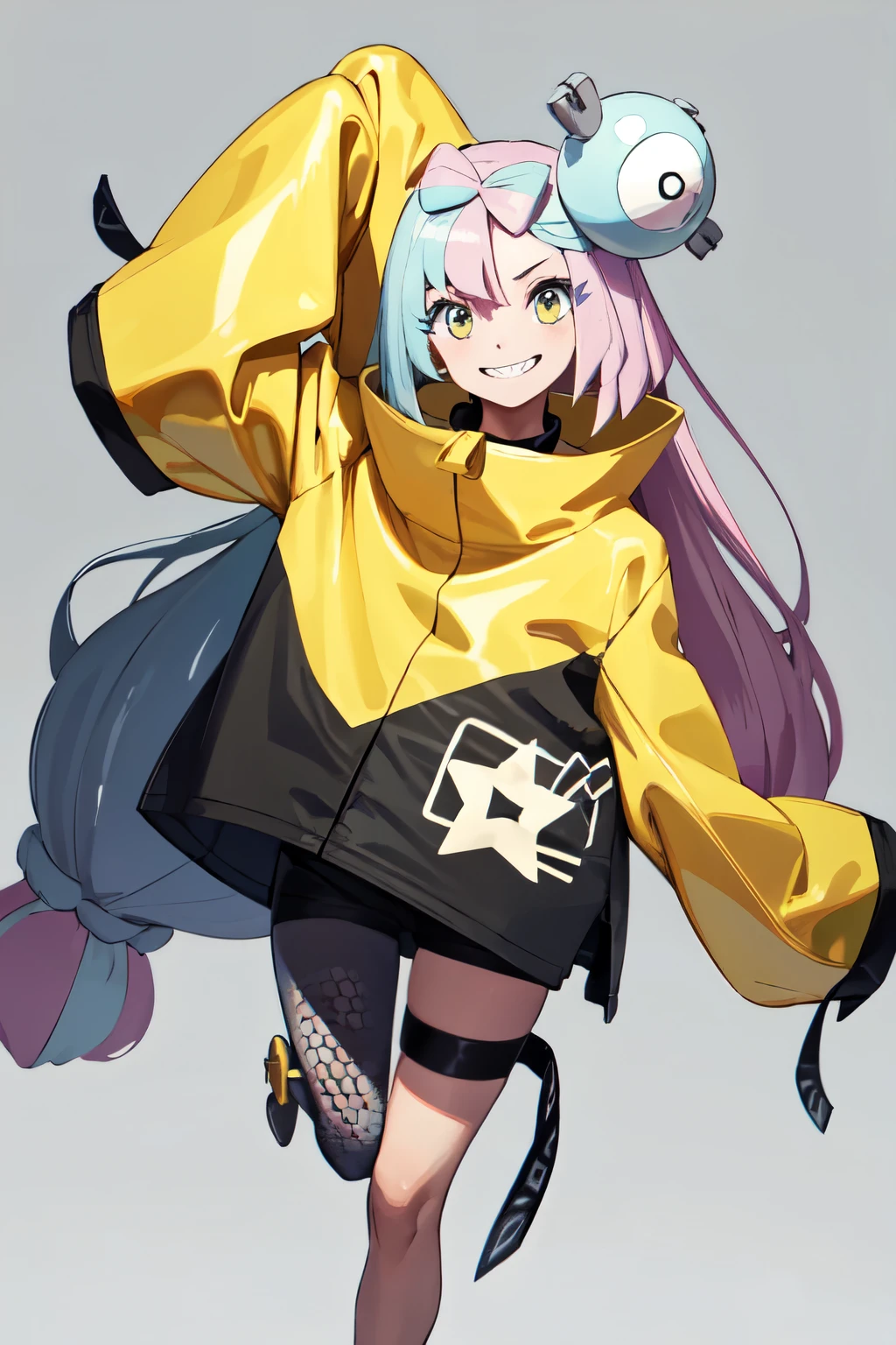 iono1, long hair, yellow jacket, long sleeves, hair ornament, standing on one leg, head tilt, smile, masterpiece, best quality, highres, nice hands, perfect hands