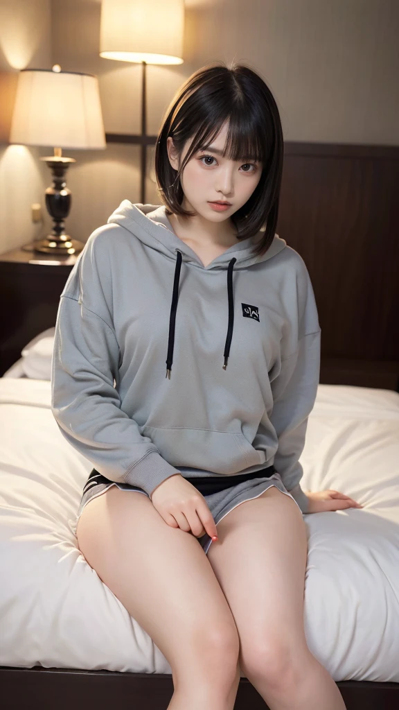 muste piece, best quality, illustration, Super detailed, fine details, High resolution, 8K,wall paper, perfect dynamic composition,(Details High quality, realistic depiction of eyes:1.3), Oversized Light Grey Hoodie, Erotic Shorts, short bob hair, Lying down, black hair color, Big Natural Color Lip, bold sexy pose, (perfect body shape), crying a little、cold gaze, Harajuku style、20 year old girl、cute type、lolita、beautiful legs, hotel room, hposing Gravure Idol, Voluptuous thighs