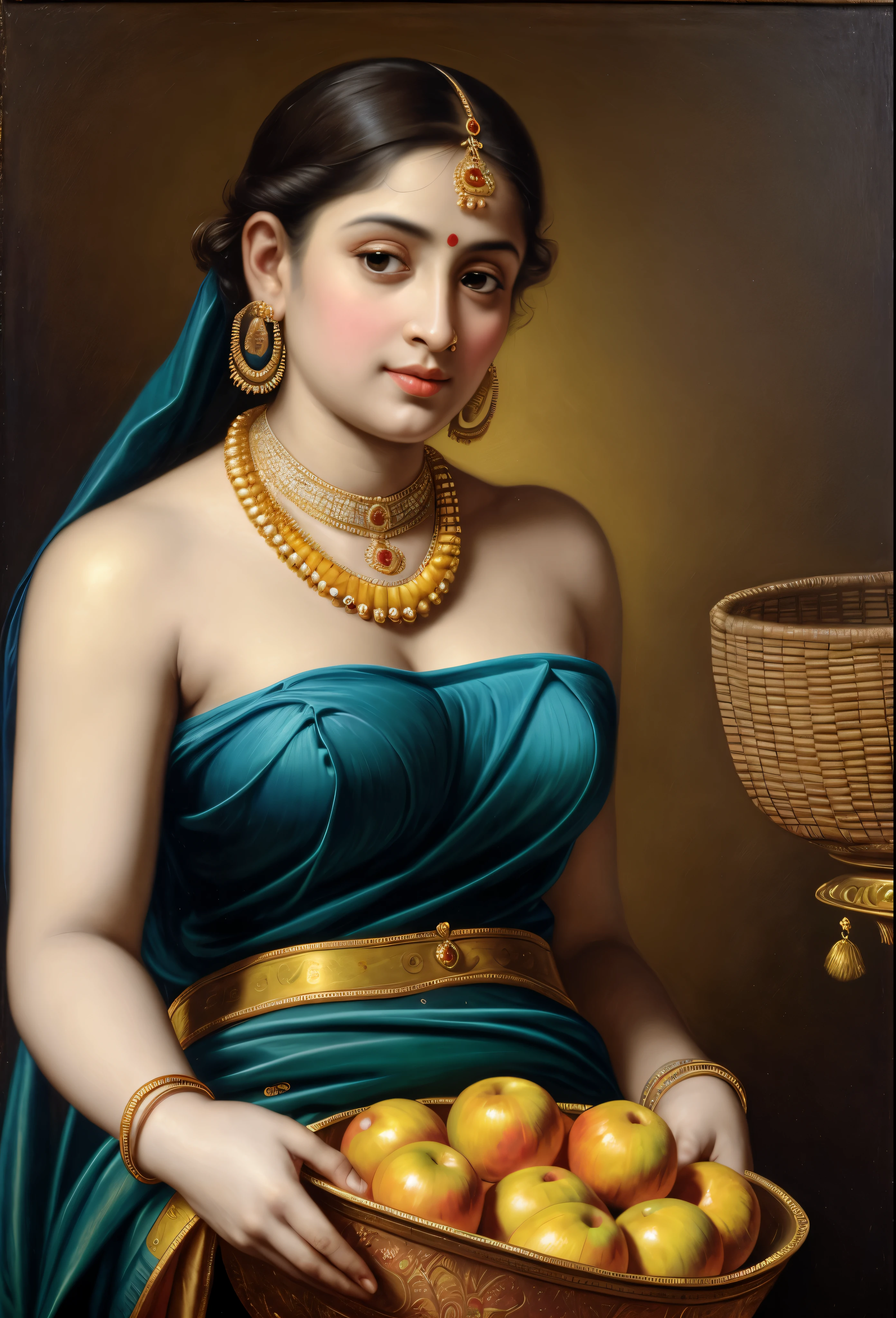 Looks like Jannat Zubair, Beautiful Indian Woman, wearing saree, sari Beauty, gorgeous, Apsara, Maharani, royal queen woman, nymph from Hindu Mythology, Urvashi, matchless beauty, Highly detailed, Oil Painting by Peter Paul Rubens inspired by Raja Ravi Varma, Matchless beauty, captivating, gorgeous, heavenly beauty, celestial beauty, by Peter Paul Rubens, , realistic, hyper realistic, micro details, incredible artwork, insane details, ultra High resolution, 8k, 32k, acrylic on canvas, intricate, flawless, detailed, detailed face, detailed eyes, masterpiece, by Peter Paul Rubens, by Caravaggio, by William Adolphe bouguereau, perfect face, perfect body, beautiful art, realism, baroque, renaissance Art, highly textured, beautiful and detailed eyes, uhd, best quality,