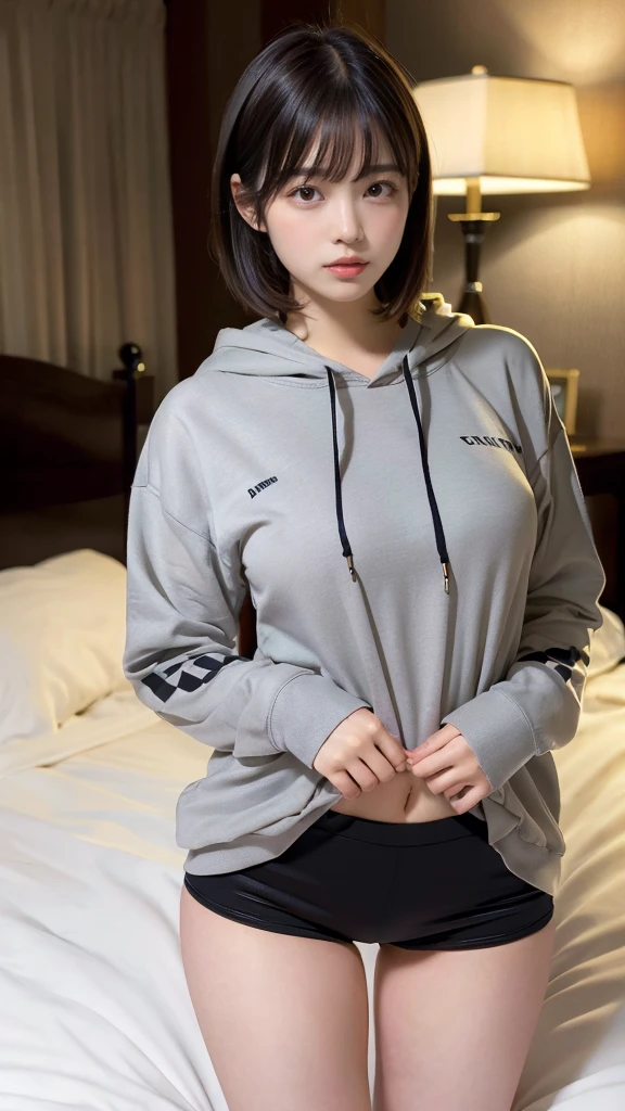 muste piece, best quality, illustration, Super detailed, fine details, High resolution, 8K,wall paper, perfect dynamic composition,(Details High quality, realistic depiction of eyes:1.3), Oversized Light Grey Hoodie, Erotic Shorts, short bob hair, Lying down, black hair color, Big Natural Color Lip, bold sexy pose, (perfect body shape), crying a little、cold gaze, Harajuku style、20 year old girl、cute type、lolita、beautiful legs, hotel room, hposing Gravure Idol, Voluptuous thighs