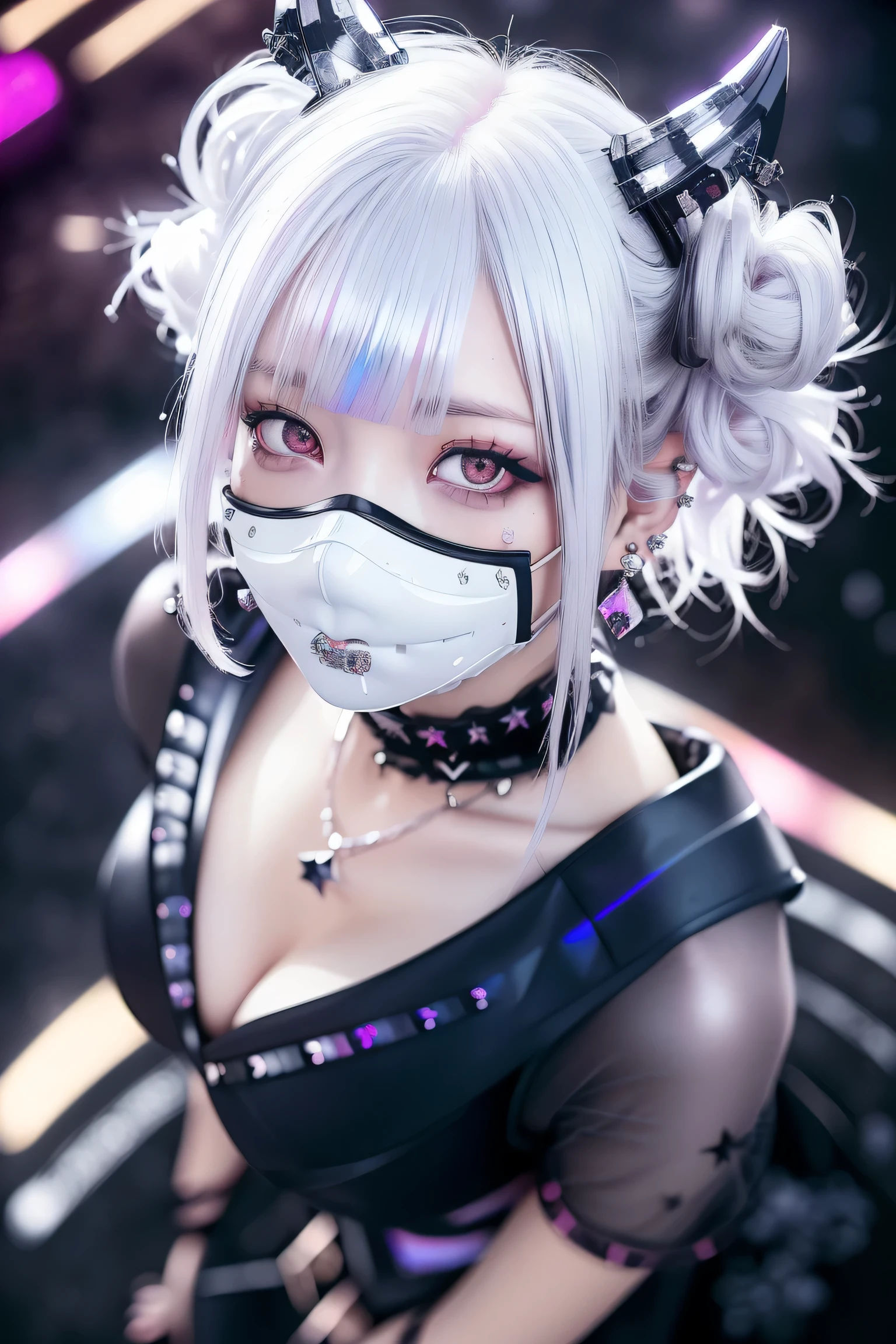 ((Redhead、Goth_punk, One Girl, alone, Medium Shot, Walking around Harajuku, ((at night)), Bokeh Depth of Field, Neon Light, Rainbow Eyes, Starry Sky, Red glowing hair, White eyebrows, Shiny Hair, (Iridescent white hair),Earrings, Buns, Jewelry, Mask, Dull Bangs, Veld Eyes, Mouth Mask, Blurred Blurred Background, Blurred, Hairpiece, Look at the Viewer, Short Hair, Portrait, Side Locks
BREAK ((sweden girl,white skin,white person)),
BREAK (gyaru:1.1),(Glamour:1. 3),(night),photo of a beautiful skinny woman (supermodel:1.3),
BREAK ((earrings, and rings),Cowboy Shot, ((tall person)),(android),((upturned eyes)),((Angle from above:1.3)),from above、Looking at camera,