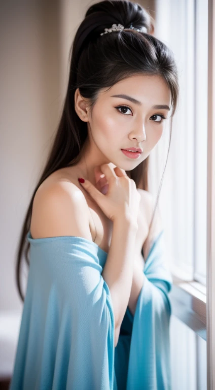 Fashion model 20 years old [[[[Close-up cleavage]]]], [[[[breast]]]], [[[[Cole]]]], [[[[bShoulder]]]], Perfect eyes, Perfect iris，Perfect lips，Perfect Teeth，Perfect skin，Long face，Long and thin nose，High nose bridge，Soft headlight，HDR，movie girl，Simple hairstyle，Light makeup，casual，（Pastel colors：1.2）