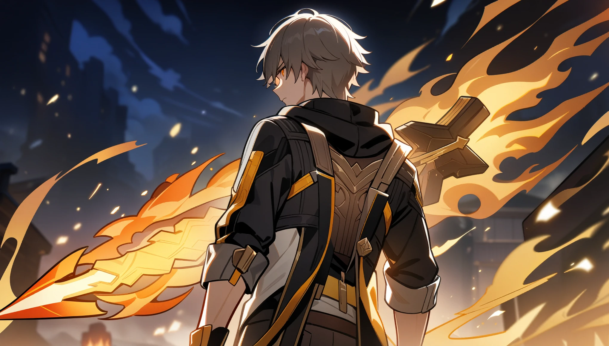 1boy, male focus, caelus, trailblazer, honkai star rail, orange eyes, detailed eyes, masterpiece, best quality, very aesthetic, back turned, injured, angry expression, fire, flaming lance , lance, absurdres, epic composition, centered, simple backgound, masterpiece, clean lineart, clean anime outlines, best quality, high quality, high details, super detail, anatomically correct, best quality, ultra-detailed, colorful, dynamic lighting, HD,
