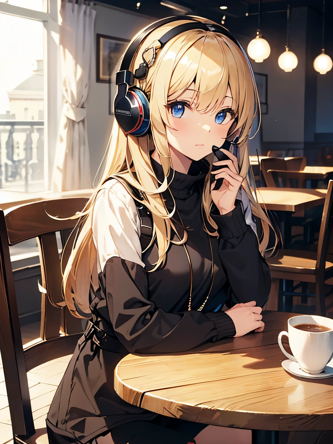 ((Tabletop)), ((highest quality)), In 8K, detailed, 超detailedな, detailedかつ複雑, 1 girl, blonde, Medium Long Hair,Headphones, Stylish cafe、Beautiful girl quietly listening to music