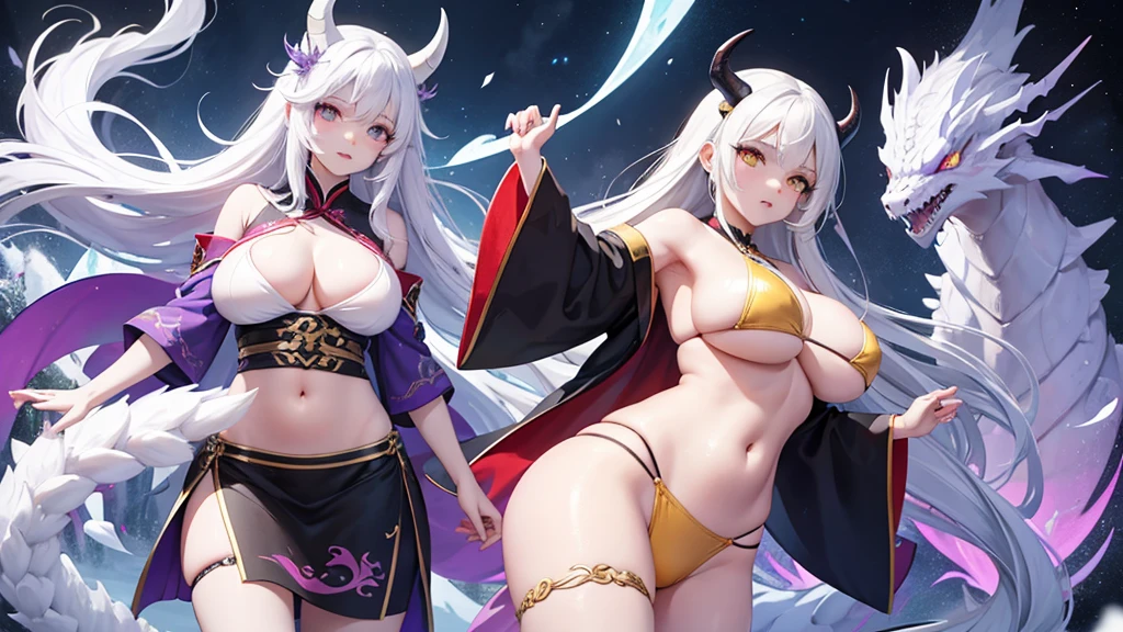 Dragon tribe, with yellow eyes on the left and purple dragon eyes on the right, intelligent eyes, long white dragon horns, and a dragon tail. Wearing a black and white women's Hanfu, an off-shoulder short skirt combined with a bikini, big breasts, and long snow-white hair, exposing more of her belly. Belly button, wear less, personality iceberg beauty