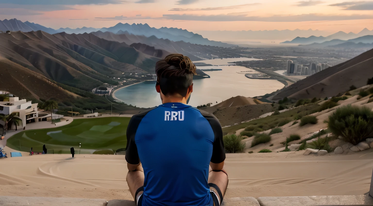 There was an 18 year old boy sitting on the hill with his back to us dressed in normal clothes..，Watching the fierce soccer match at the foot of the mountain.，en verano, en dubai, La vista es desde arriba de su cabeza..，We can also watch the game.