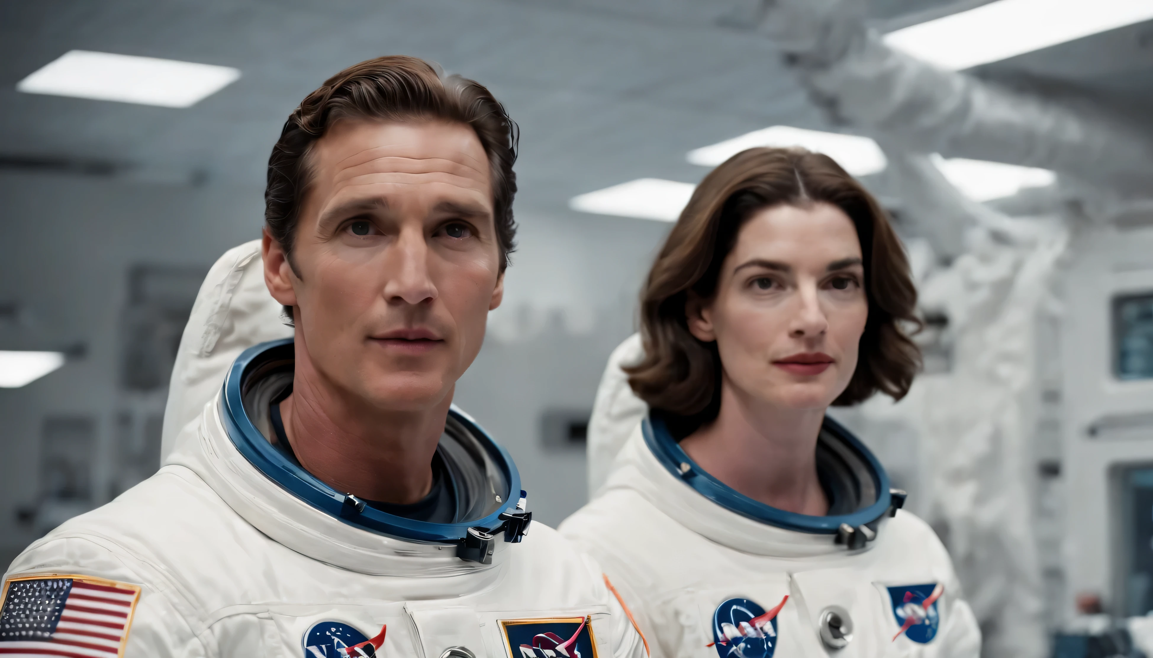 Matthew McConaughey and Anne Hathaway wearing the Astronaut suit inside the NASA LAB, Vintage shot like 1960s panavision camera shot