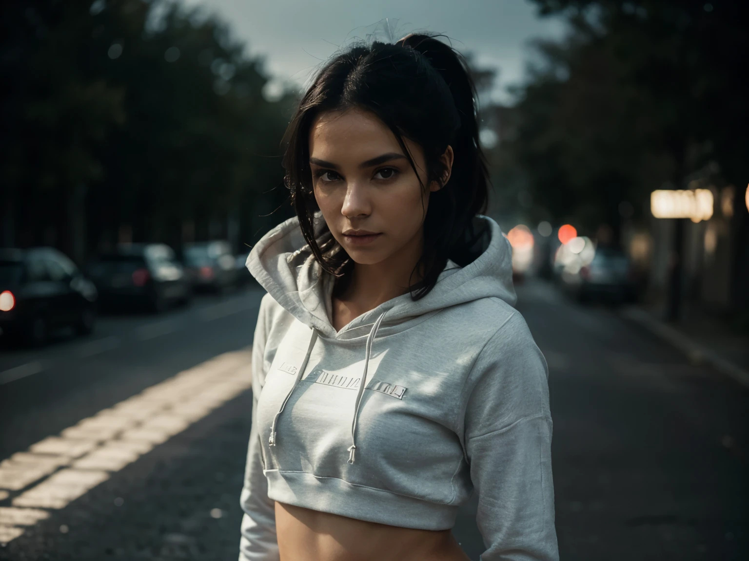 Full body 25 year old European woman, black hair gathered in two ponytails, serious, (stunning skin detail: 1.4), (Natural skin: 1.2), (pores: 0.6), compose, (detailed eyes: 1.2), black background, studio, light border, dark atmosphere, (bokeh: 1.2), photography, cinematic, photorealistic, Ultra realistic, fit girl, sporty white hooded sweatshirt , sporty white trousers, perfect figure, standing full-length, full-length, dressed, high heel shoes , ((emphasis on full-length)),RAW photoshop skin textures, 35mm, 4k textures, soft Cinematic Light, RAW photo, photorealism, photorealistic, complex, elegant, highly detailed, sharp focus, (((( cinematic-view)))), soothing tones, crazy details, complex details, hyper-detailing, low contrast, soft Cinematic Light, dull colours, exposure blending, HDR, faded, intense