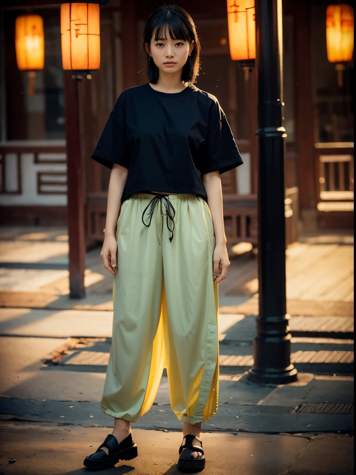 A woman is posing in an old Chinese town