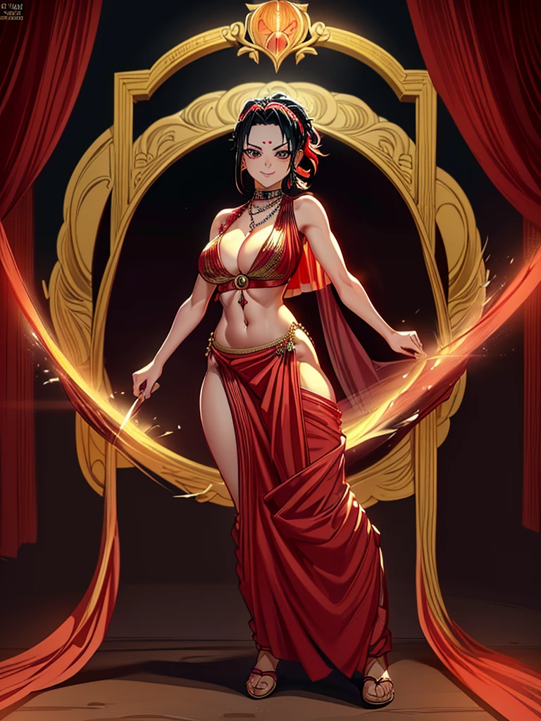 （8k, RAW photos, minino：1.1） ，female，（looki at viewer company），cowboy lens，Japanese，makio / (demon slayer\），（fullbody saree：1.1），La Brett Piercing，cleavage，(((red and black saree)))，seductive smile，Be red on the face, full body photo, standing, lean, muscular legs, muscular belly,black and yellow hair, front part of the hair yellow dyed, cleavage, brown eyes, seductive pose, Professional lighting、photon mapping、physics-based rendering、dark theme，wearing wifs, jewellery and necklace, alone, extreme high quality, legs covering saree